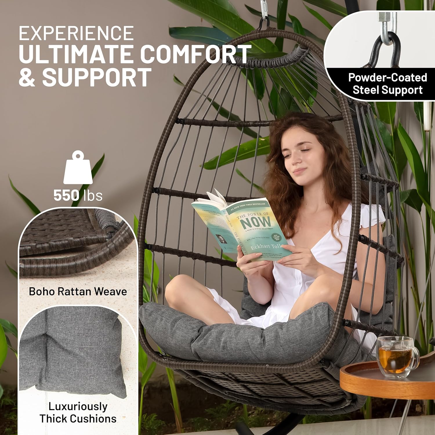 Foldable Hanging Egg Chair With Stand Cushion Deep Grey
