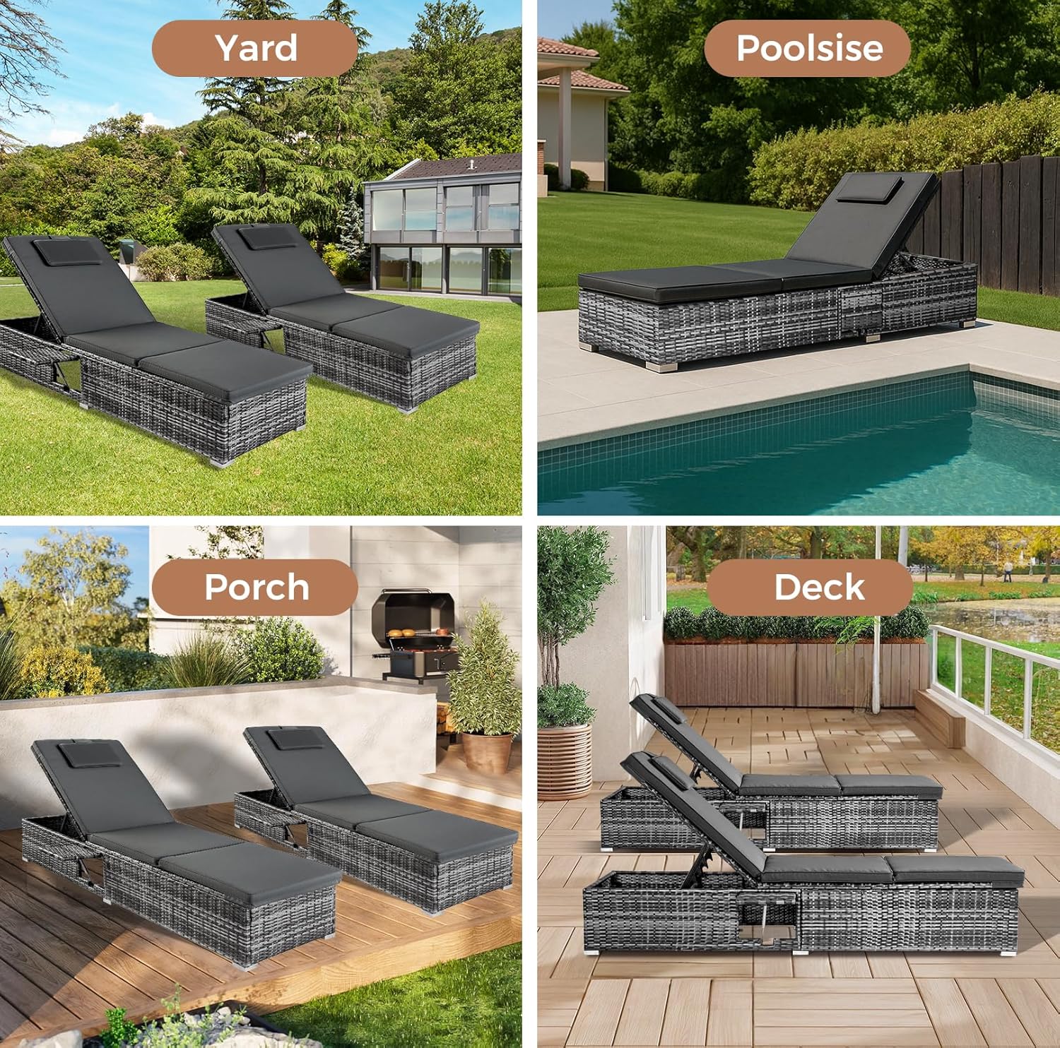 Rattan Sun Lounger Recliner with Cushions Table Patio Chair