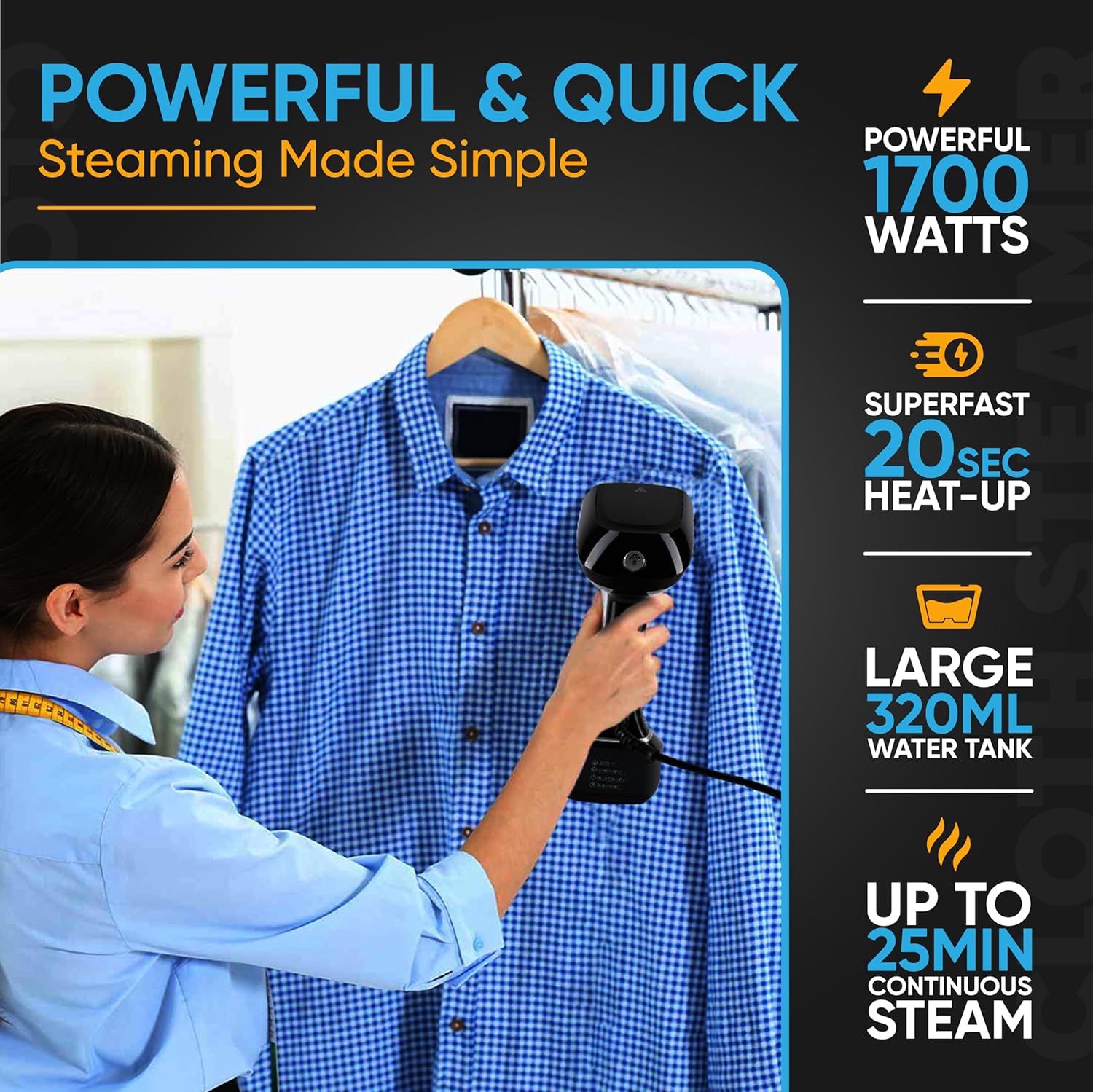 Handheld Garment Steamer 1700W 20s Heat 320ml Tank Portable