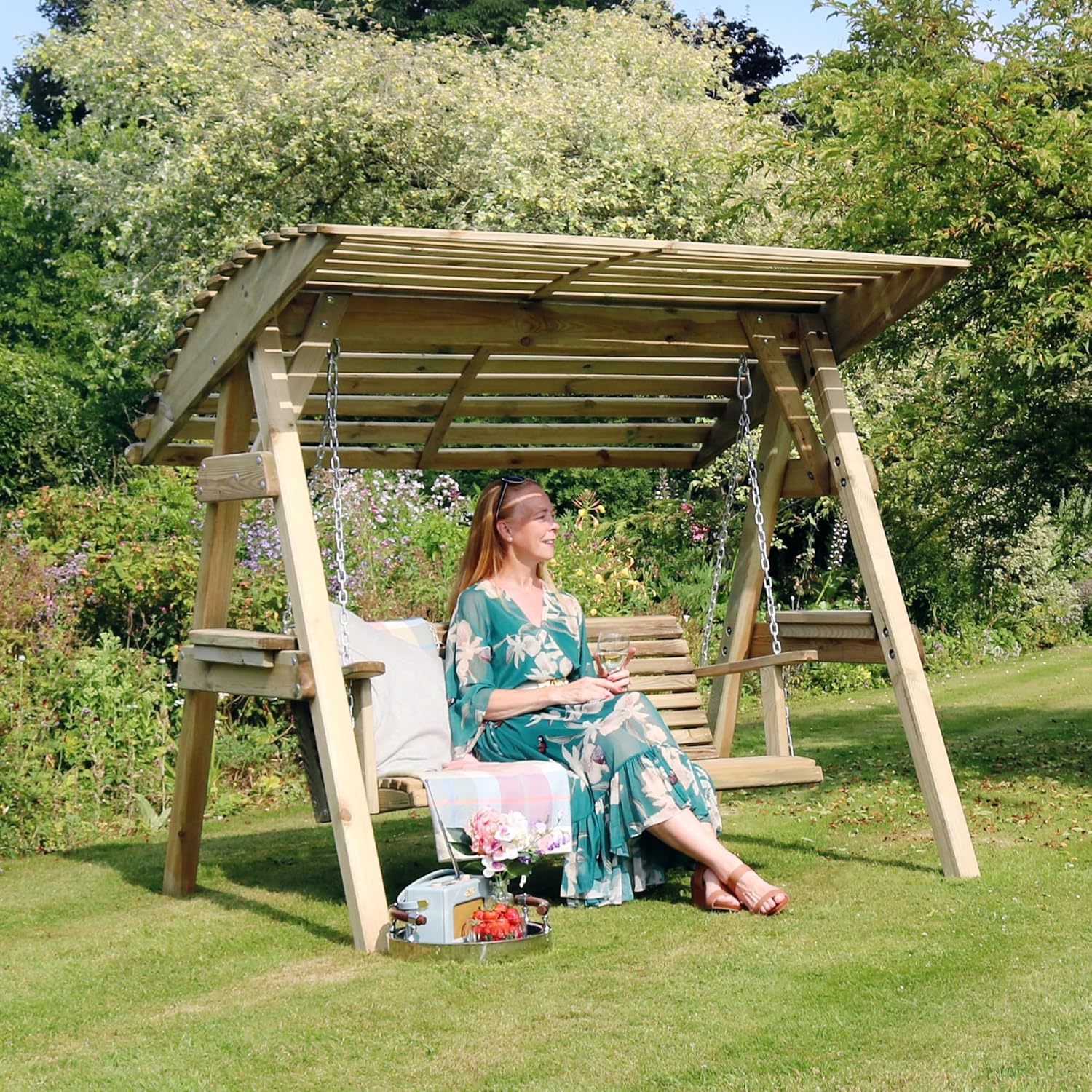 Wooden 2 Seater Garden Swing Seat with Canopy Shelves
