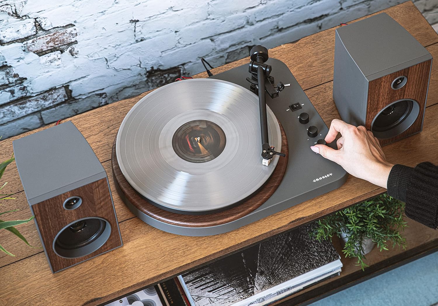 Bluetooth Record Player with 24W Speakers Walnut Grey