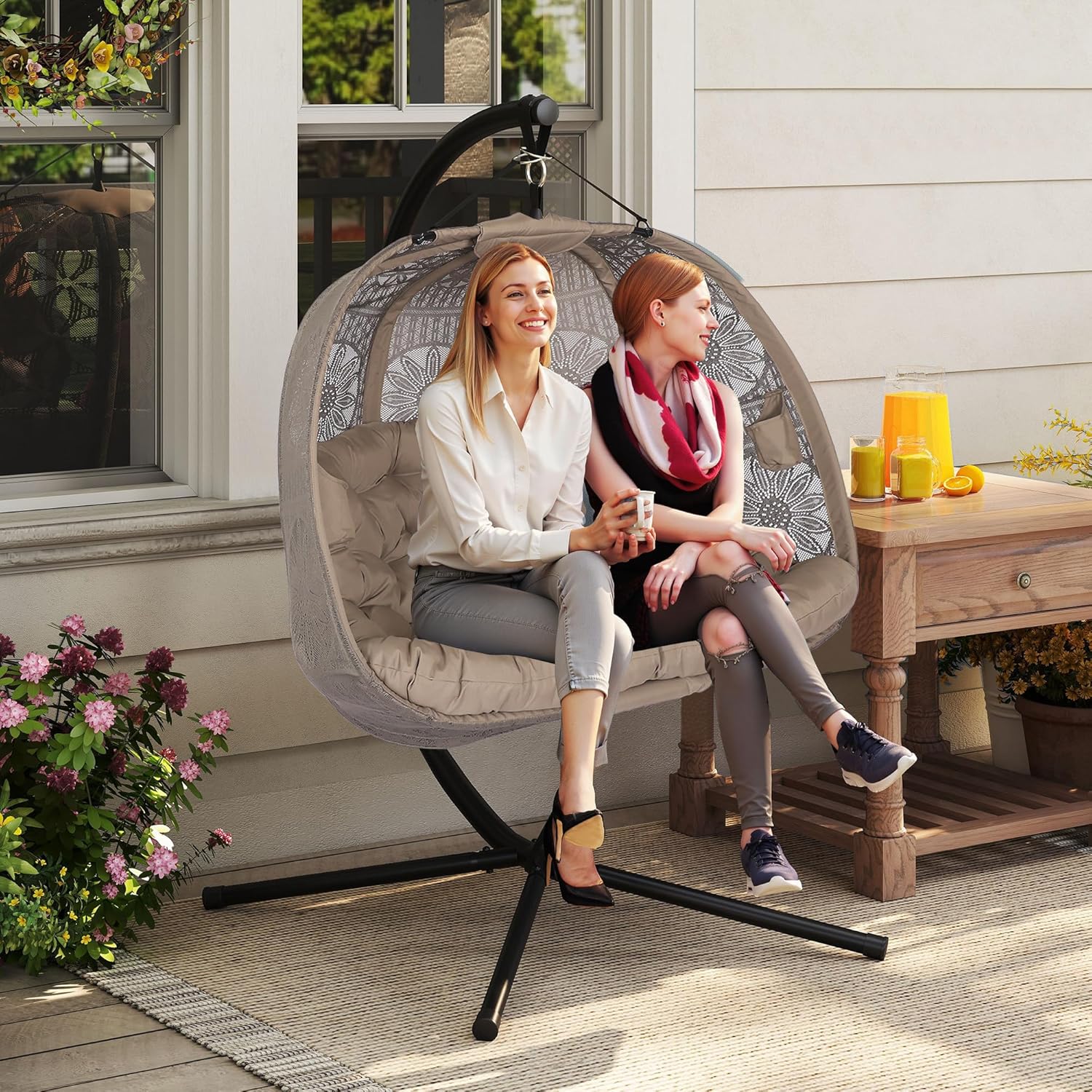Double Hanging Egg Chair Stand Plush Cushion Sand