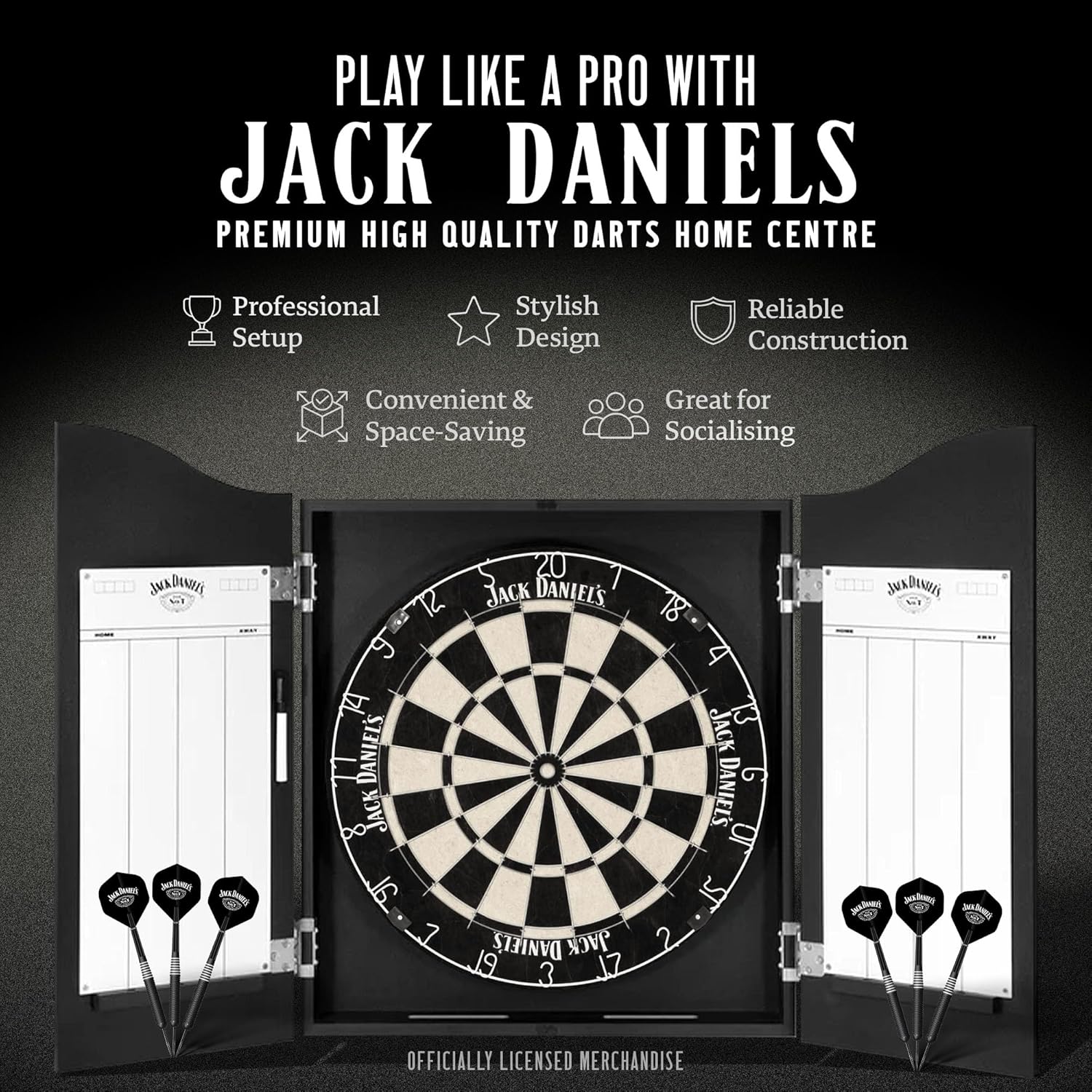 Dartboard Cabinet Set 18in Board 6 Darts Oche Score Panels Wood
