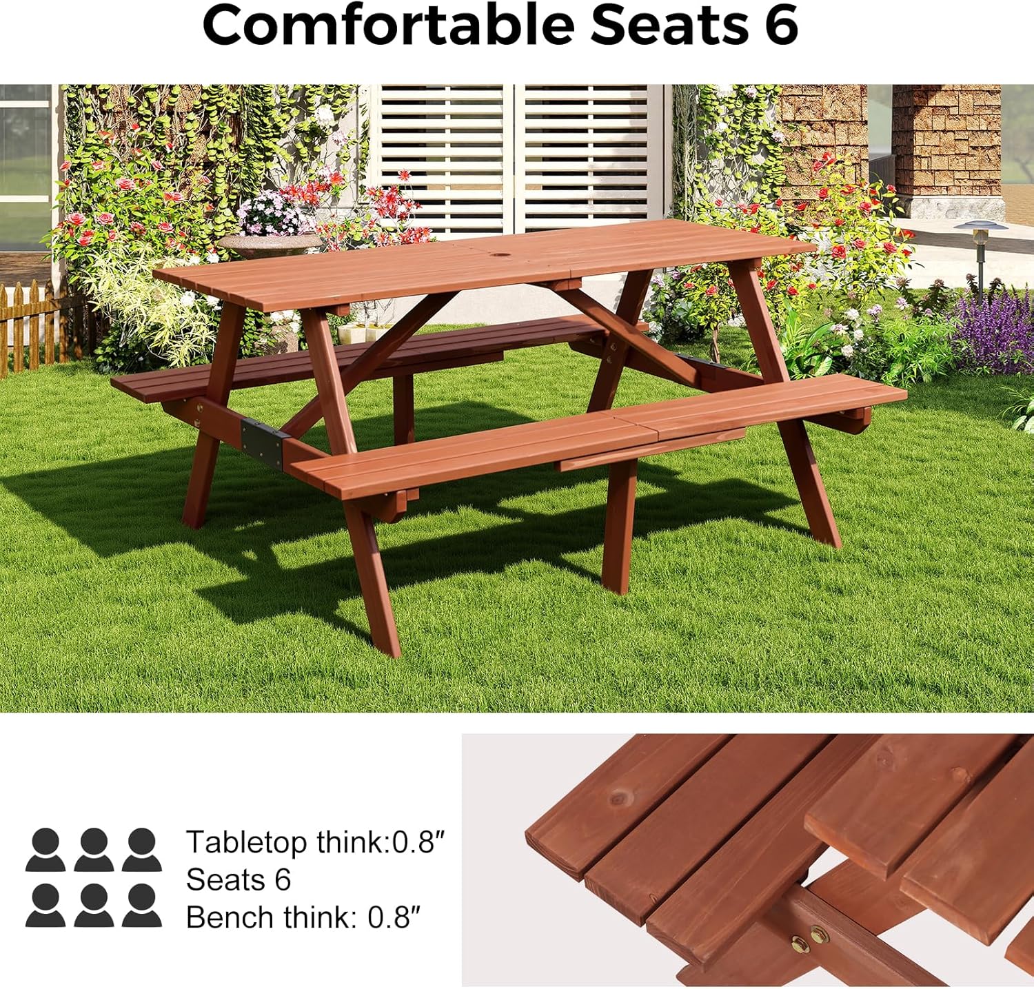 6 Seater Wooden Picnic Table Bench Set Garden Patio w/Parasol Hole