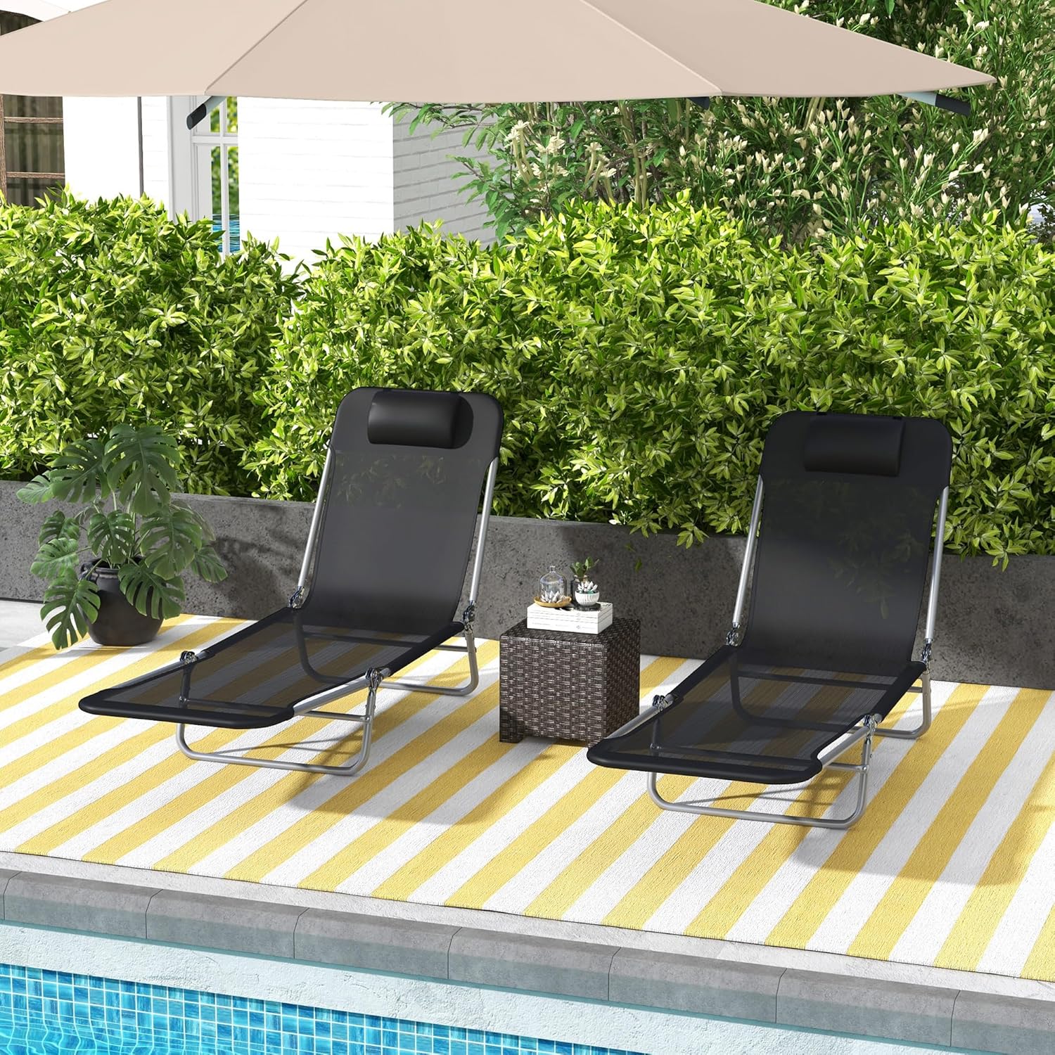 2 Foldable Sun Lounger Chairs Adjustable Recliner Black