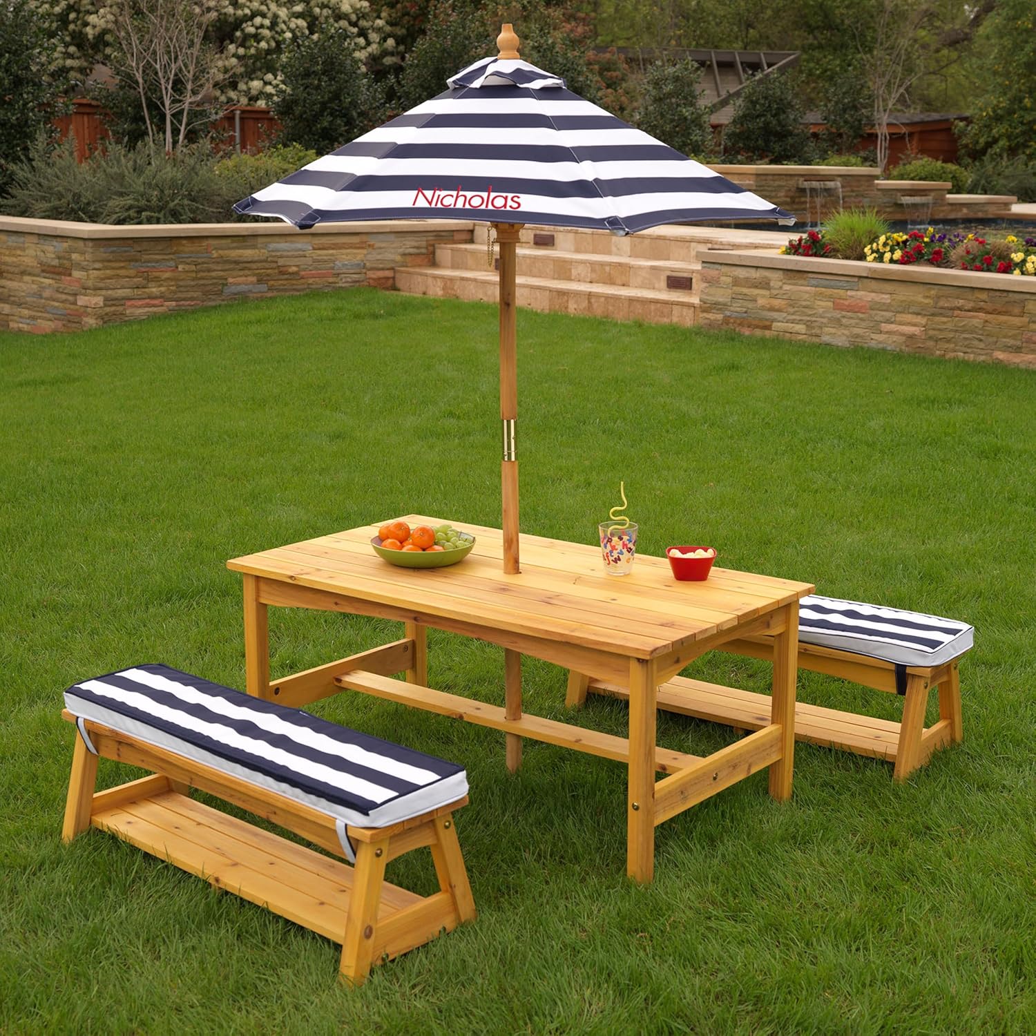 Kids Wooden Garden Table & Bench Set w/Cushions Parasol