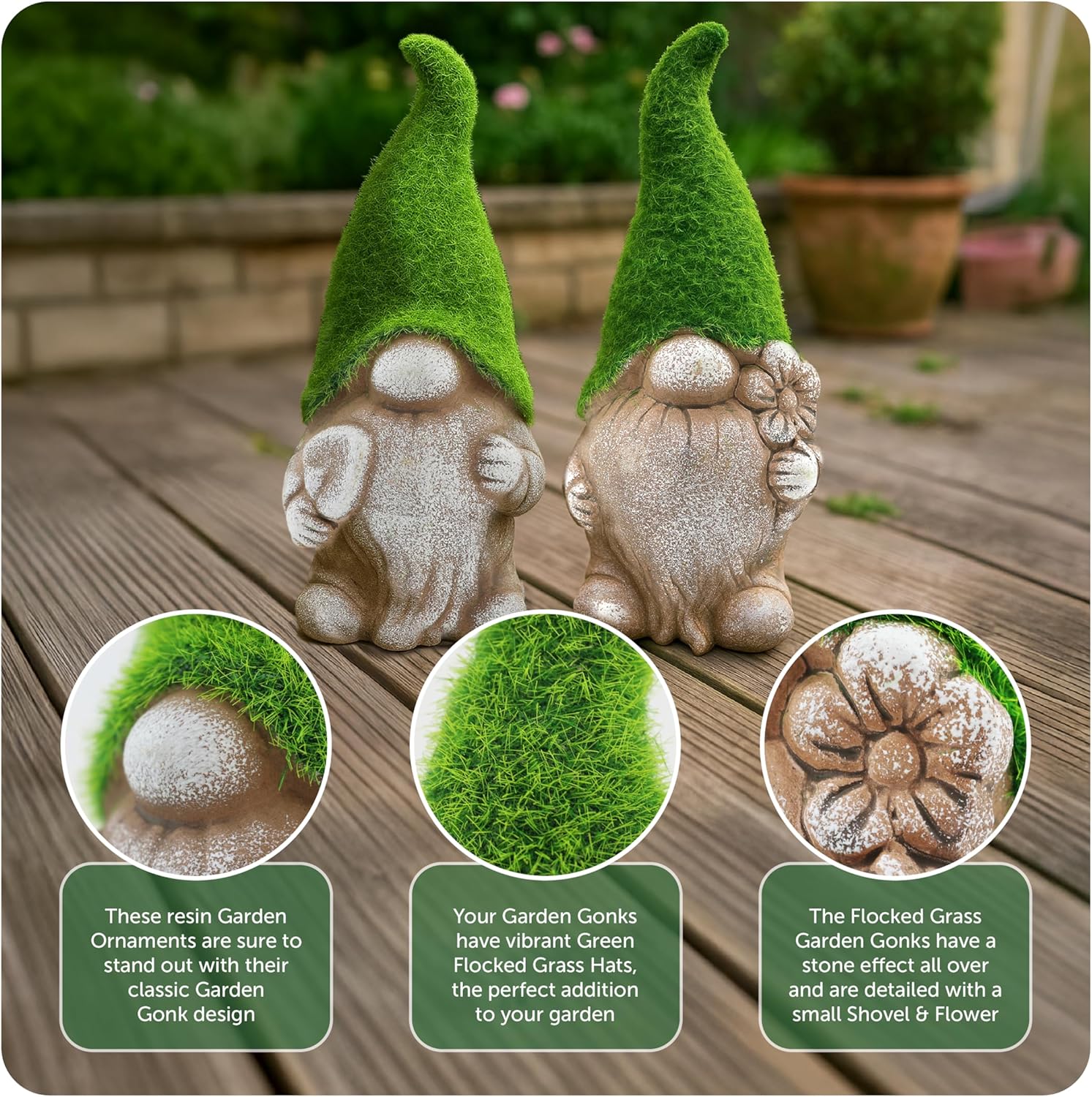 2PCS Garden Gnome Mossy Hat Stone Effect Statues Outdoor Decor