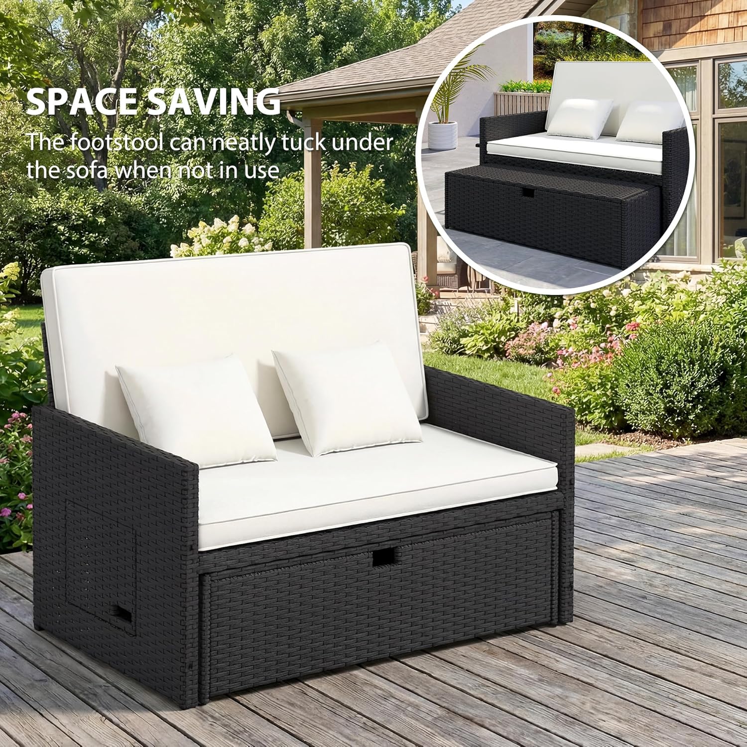 Double Rattan Daybed Sun Lounger Storage Cream White