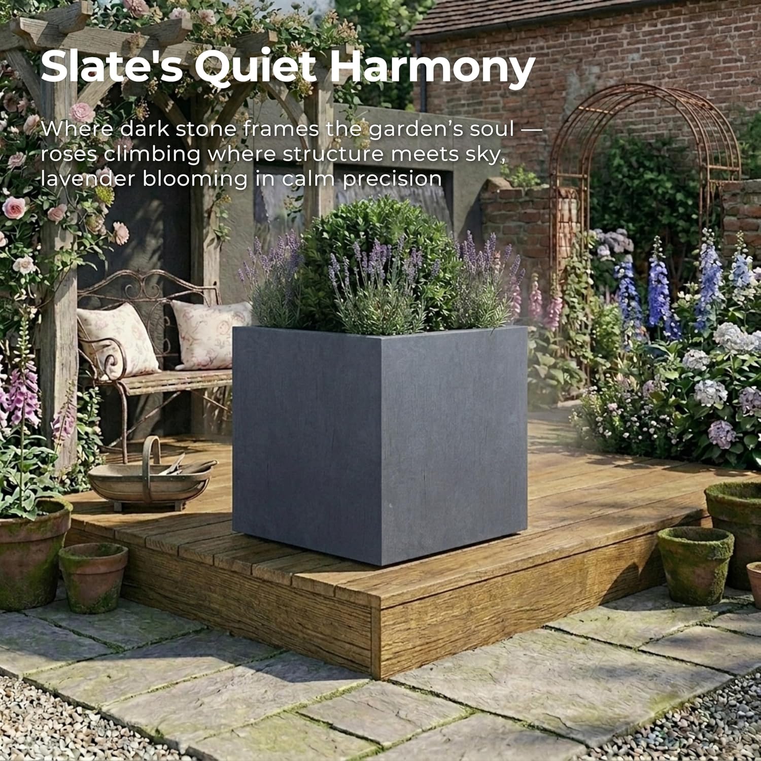 60cm Large Square Planter Dark Grey Stone Effect Tree Pot