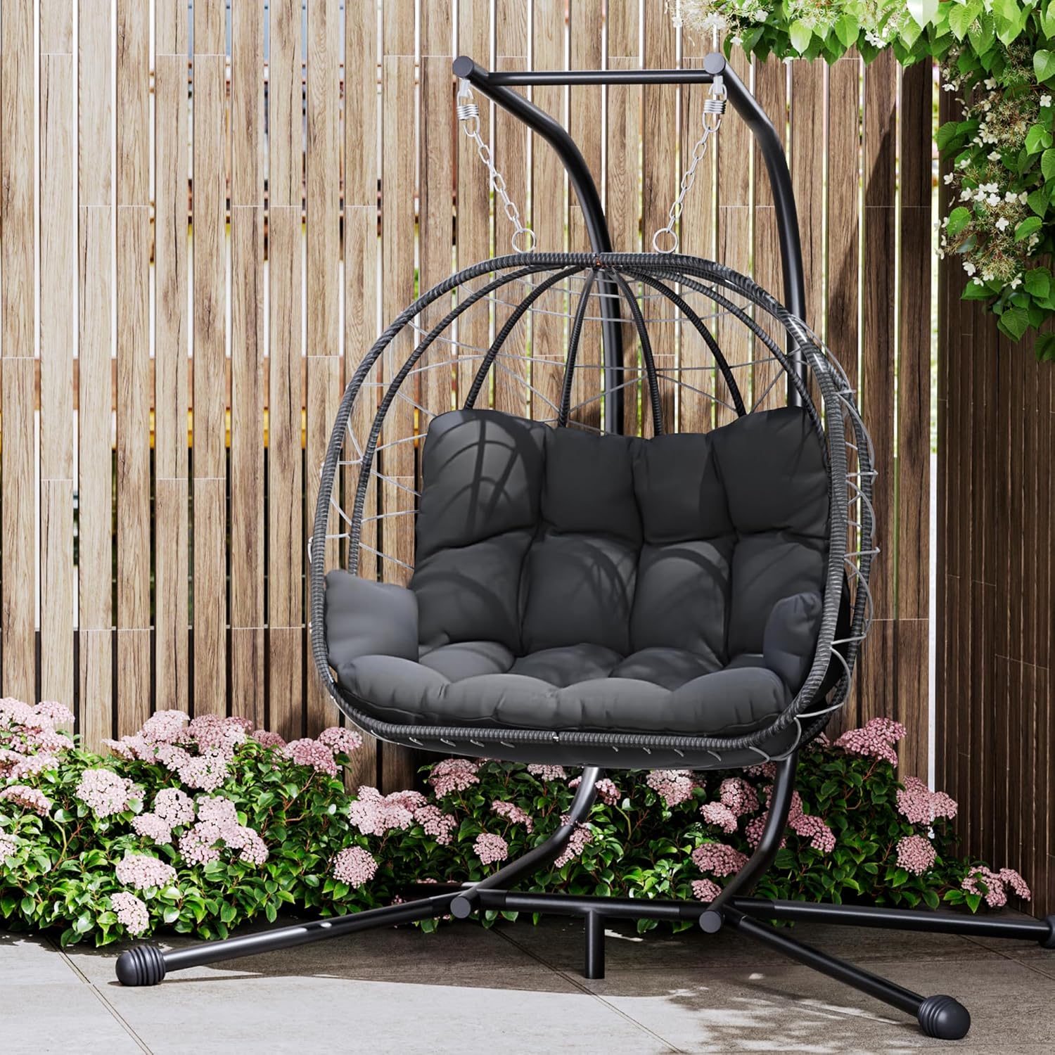 Double Egg Chair with Stand Rattan Swing Seat Grey