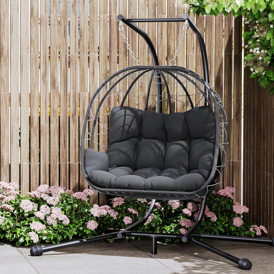 Double Egg Chair with Stand Rattan Swing Seat Grey