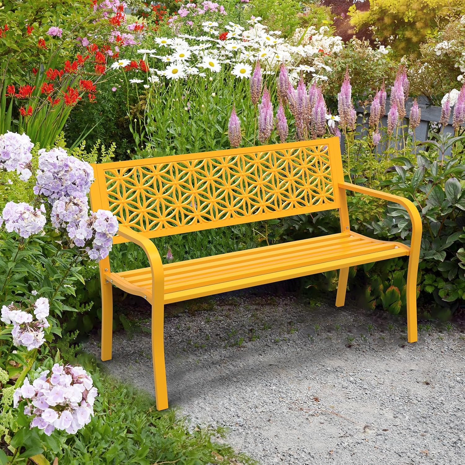 Metal Garden Bench 2-3 Seater Floral Back Outdoor Patio Seat Yellow