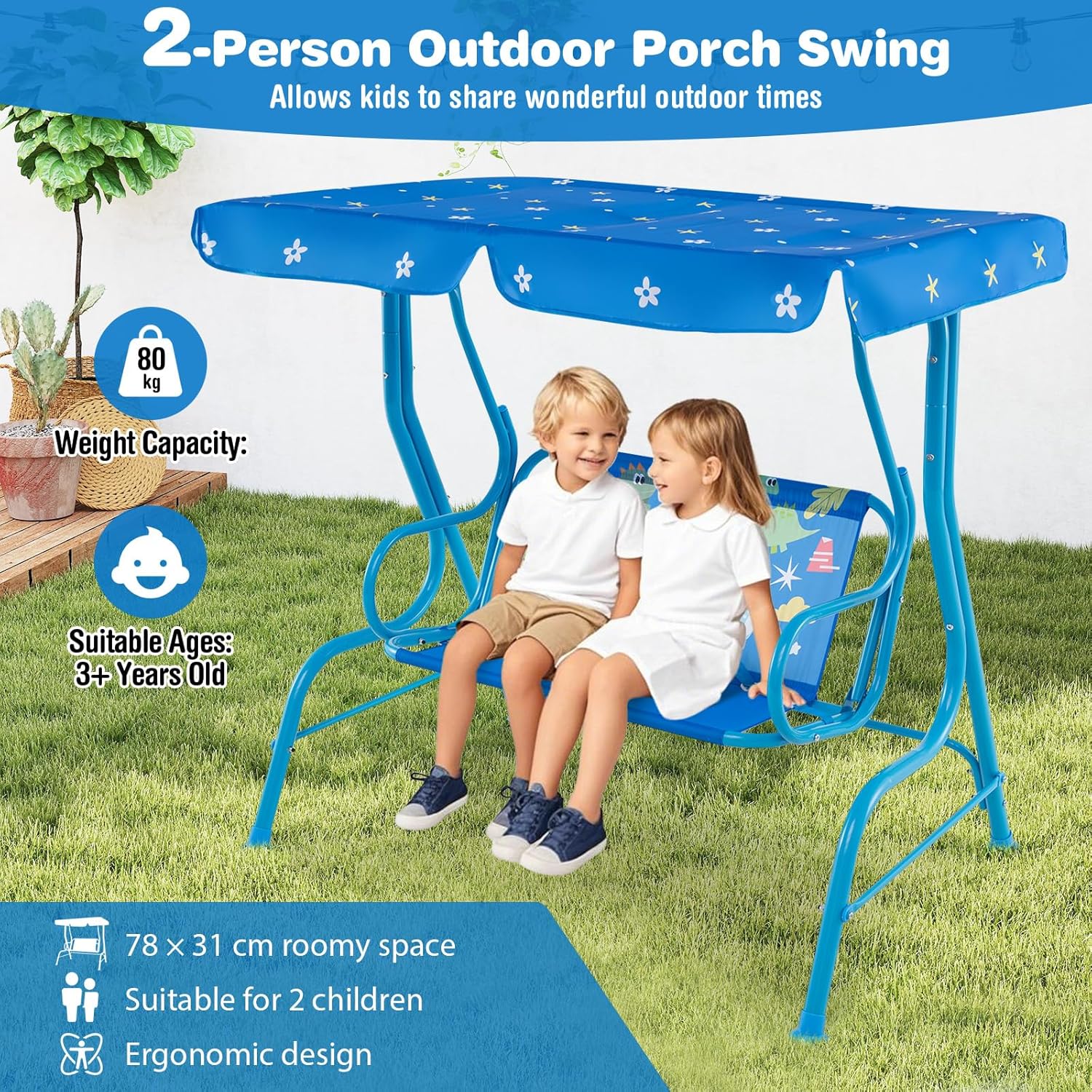 Kids 2 Seat Swing Chair Blue Canopy Safety Belts
