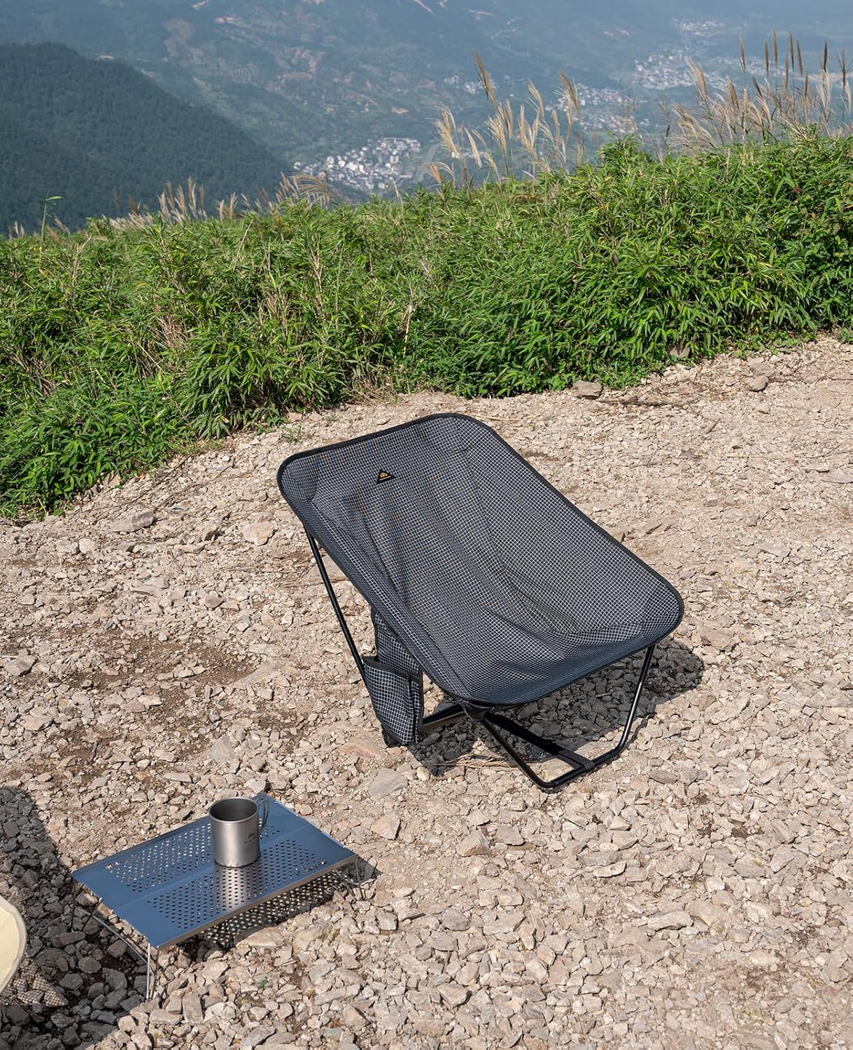 Ultralight Low Camping Chair with Carry Bag Black Grid