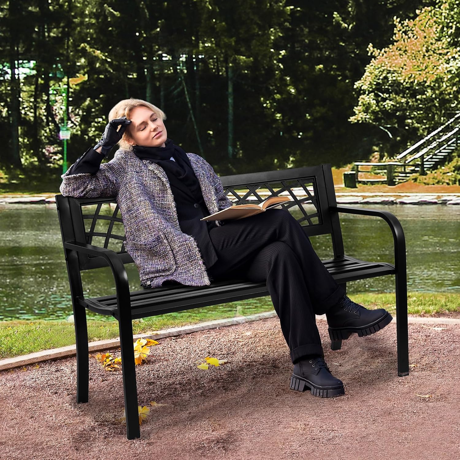 Metal Garden Bench 3 Seater Outdoor Patio Park Seat Black