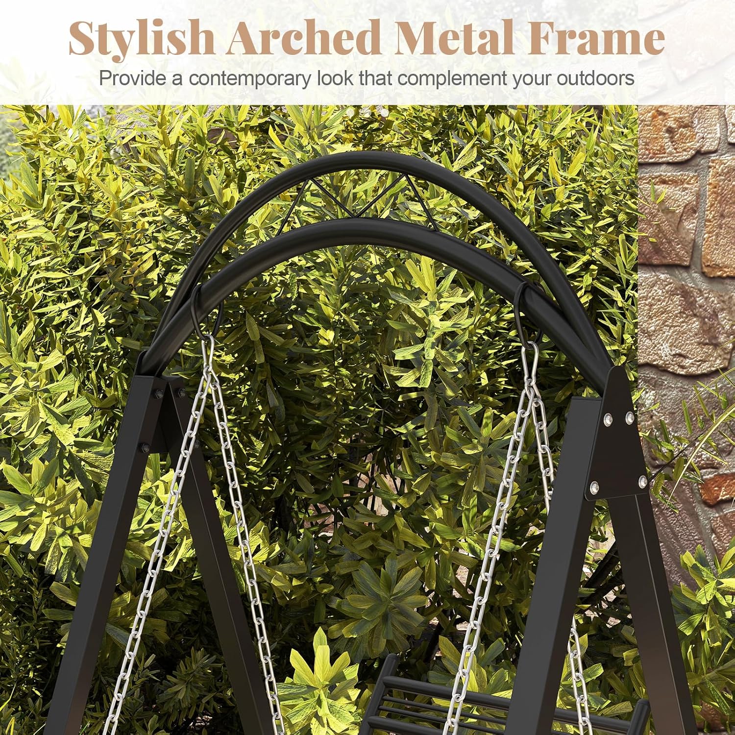 Outdoor Porch Swing Chair with Stand Canopy Side Tables Beige