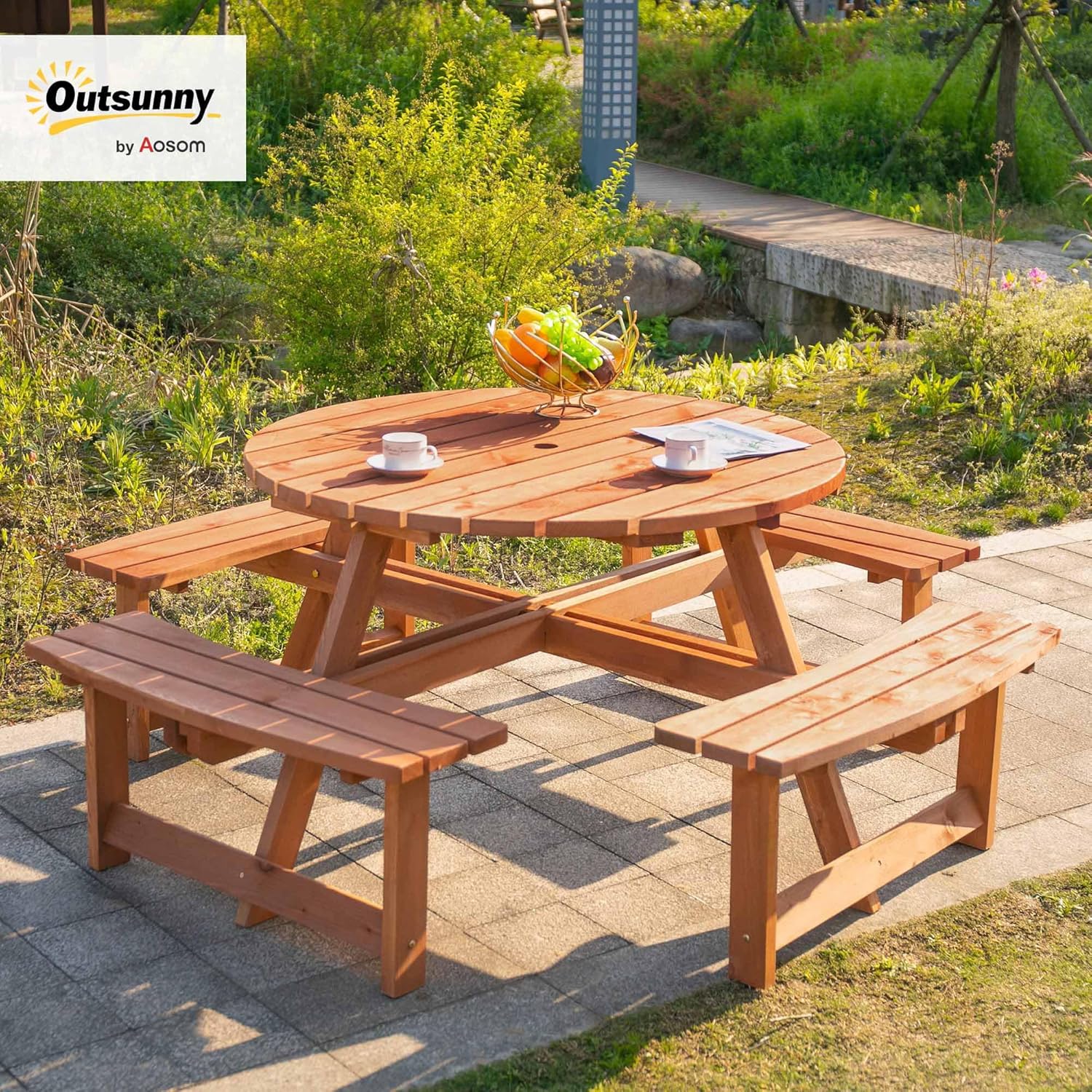 8 Seater Round Wooden Garden Dining Set Picnic Table