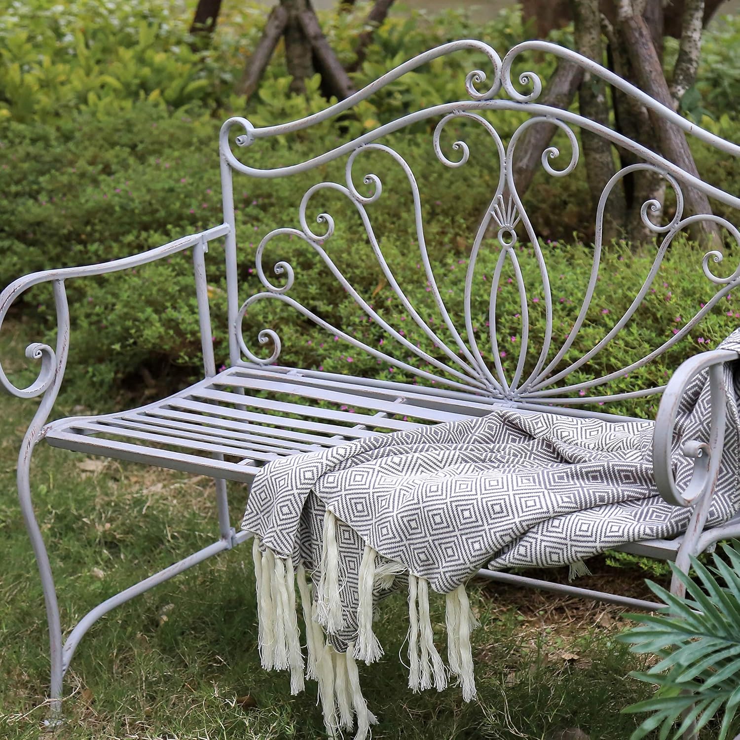 Vintage Metal Garden Bench Foldable Patio Seat Antique Grey