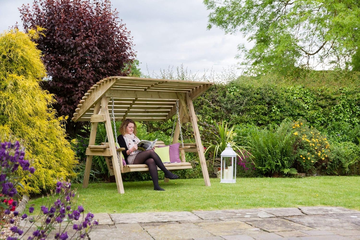 2 Seat Wooden Garden Swing Chair with Canopy Cushion