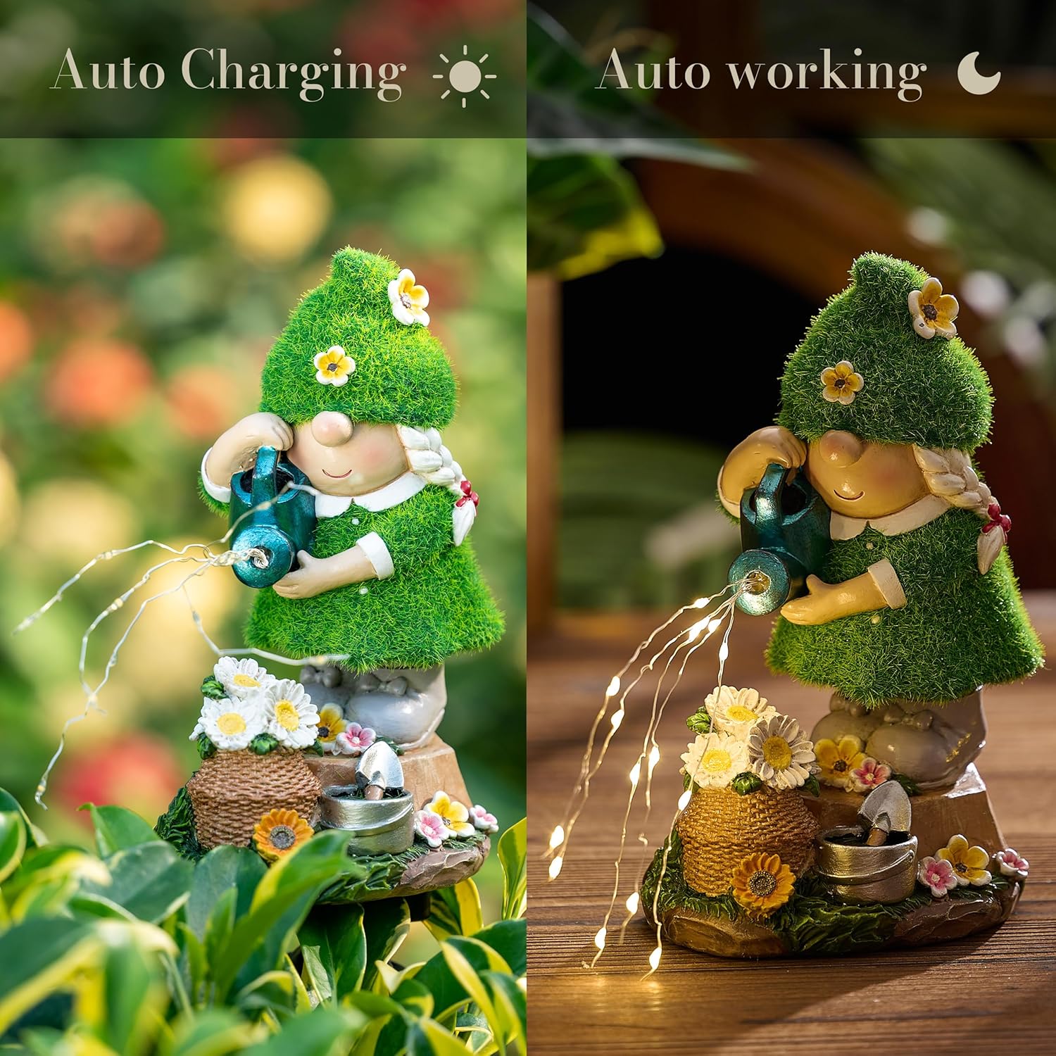 Solar Garden Gnome Watering Statue LED Outdoor Decor Resin