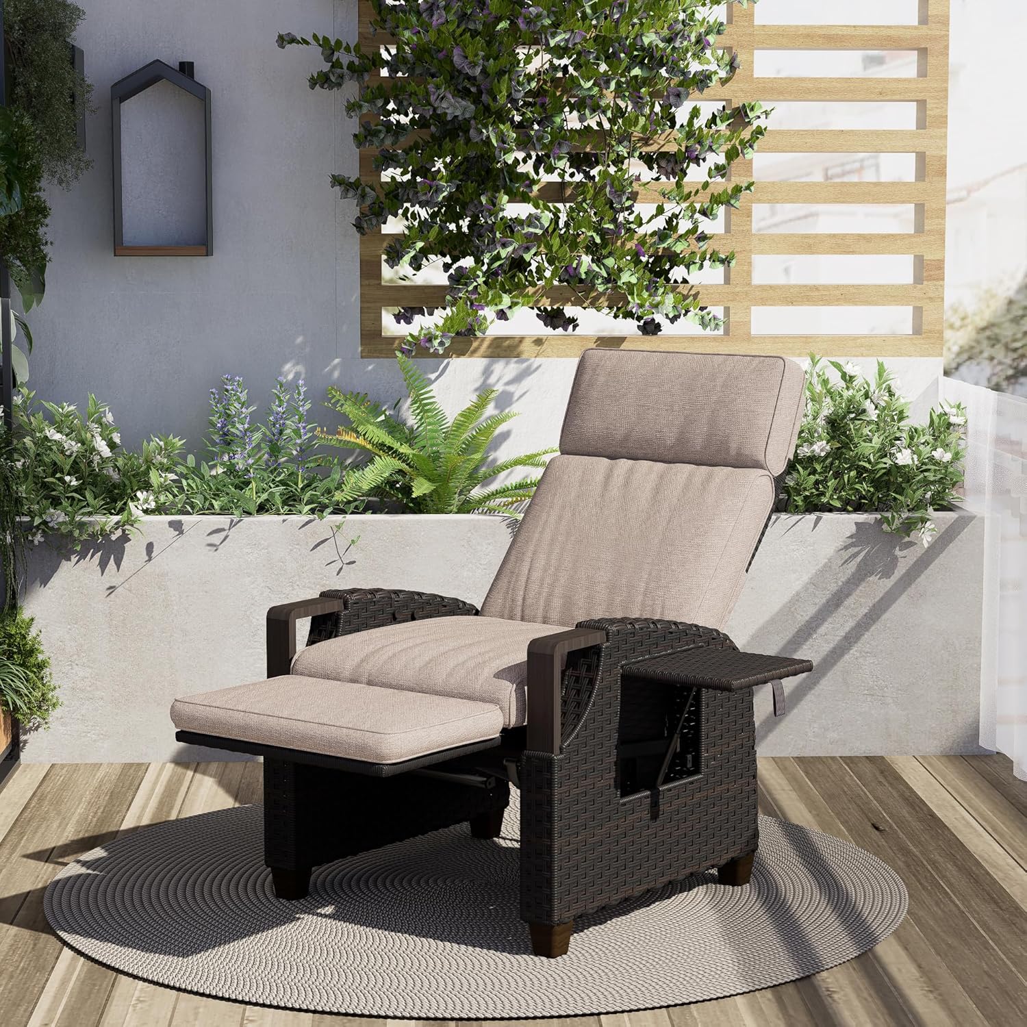 Luxury Rattan Recliner Chair Dark Beige with Side Table
