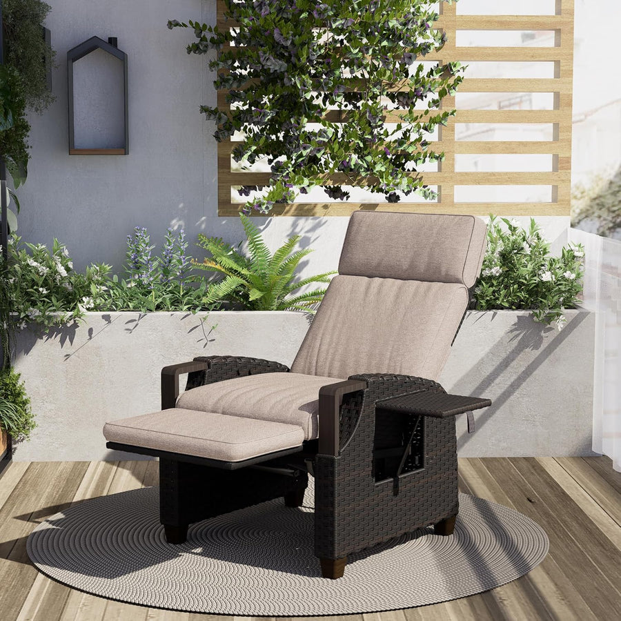 Luxury Rattan Recliner Chair Dark Beige with Side Table
