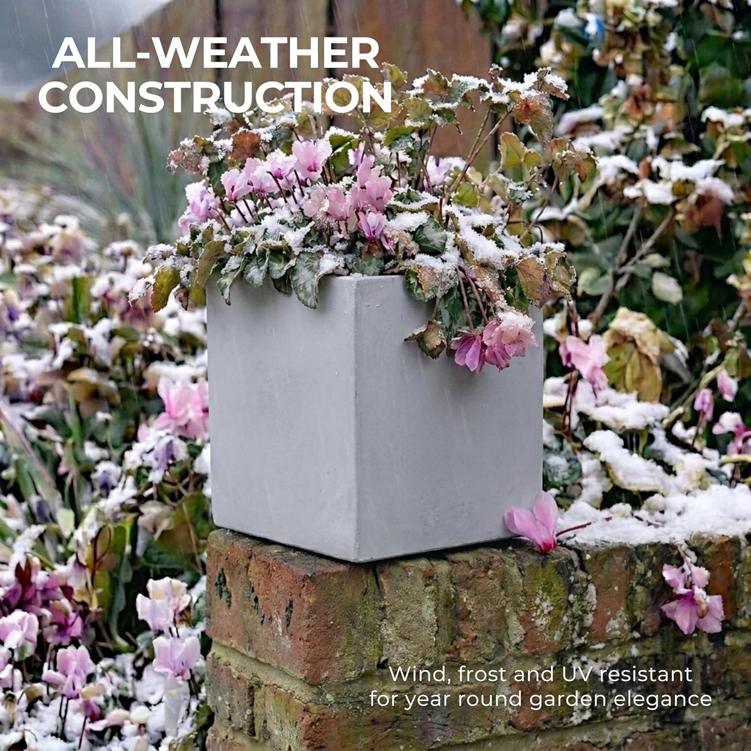 25cm Grey Square Planter Stone Effect Small Garden Pot Drainage