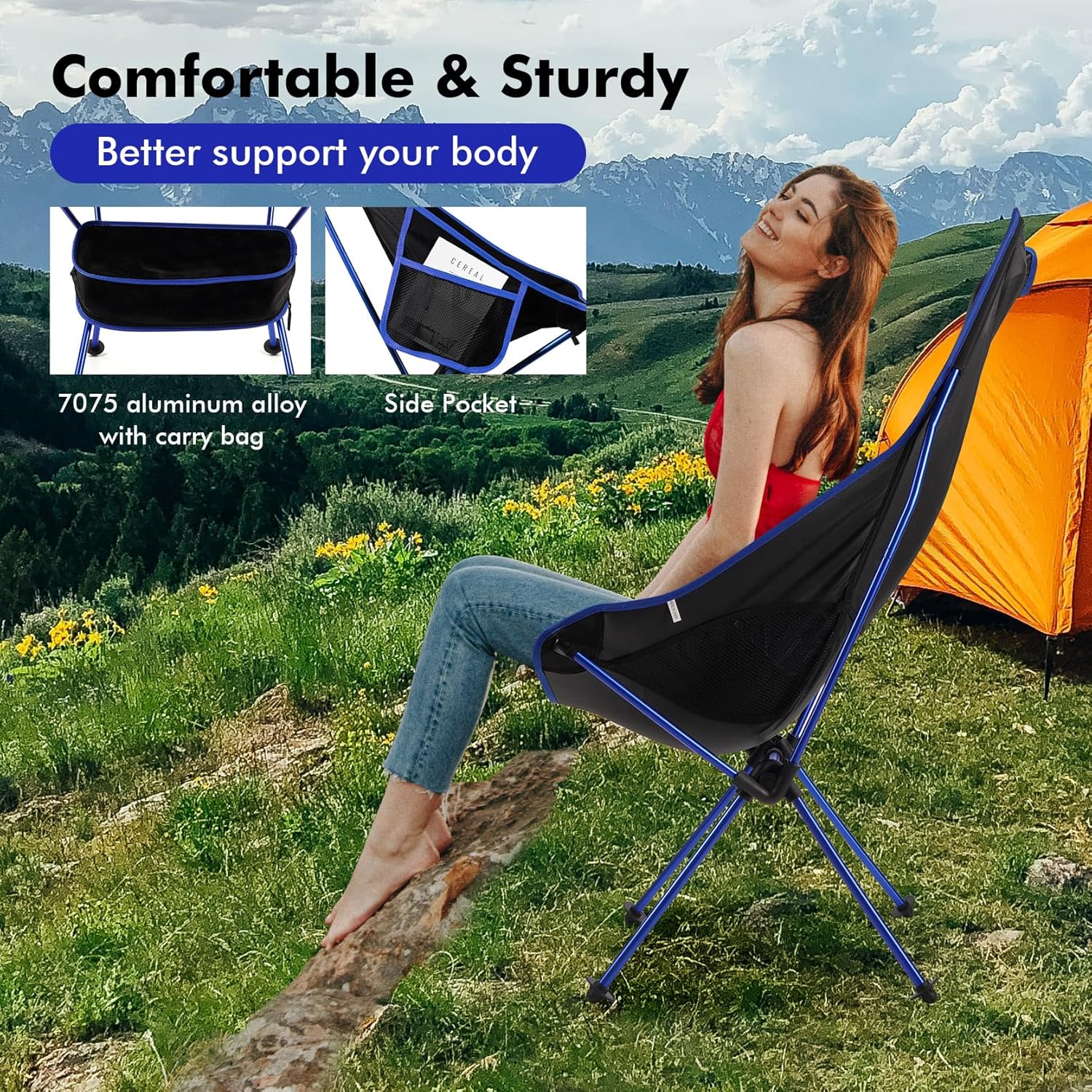 Lightweight High Back Folding Camping Chair with Headrest Blue