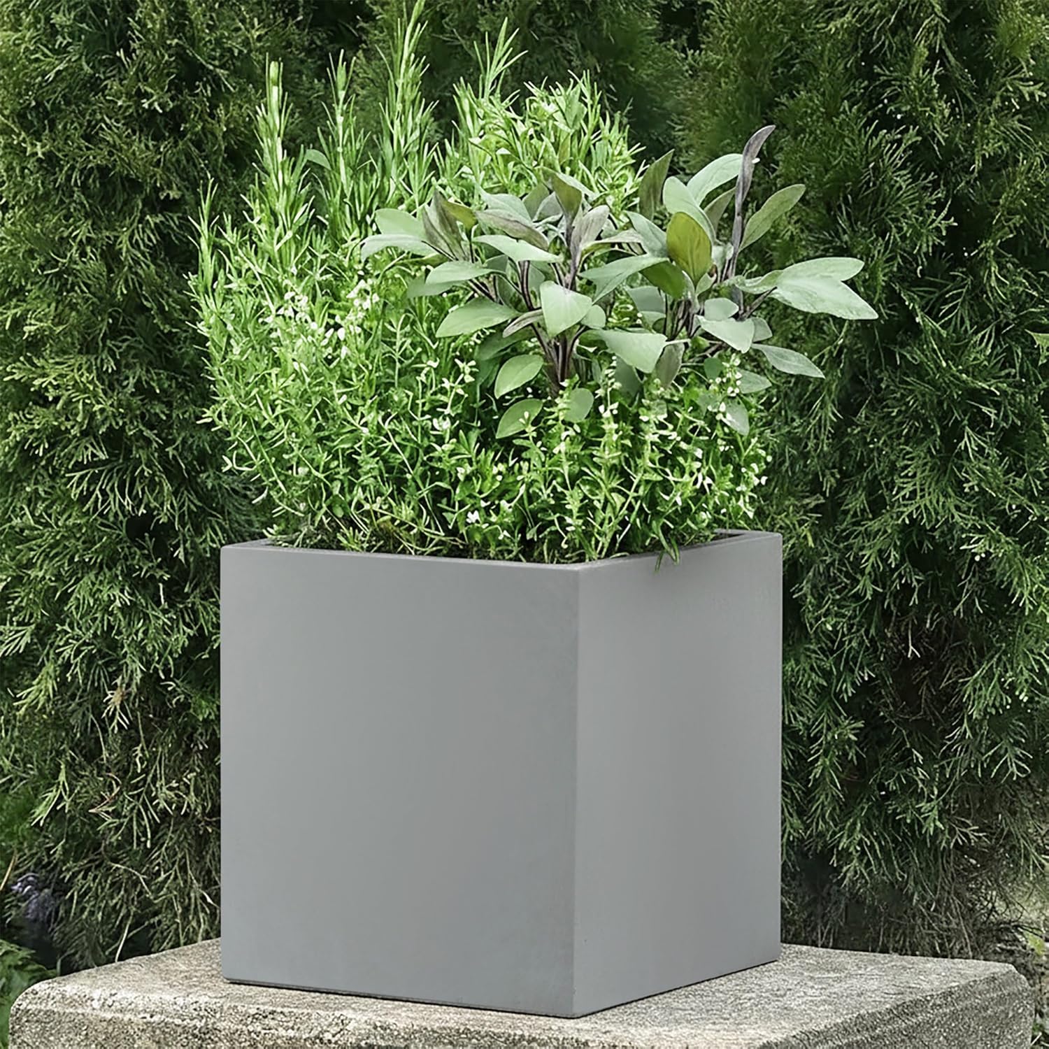 30cm Grey Square Planter Stone Effect Garden Pot Drainage