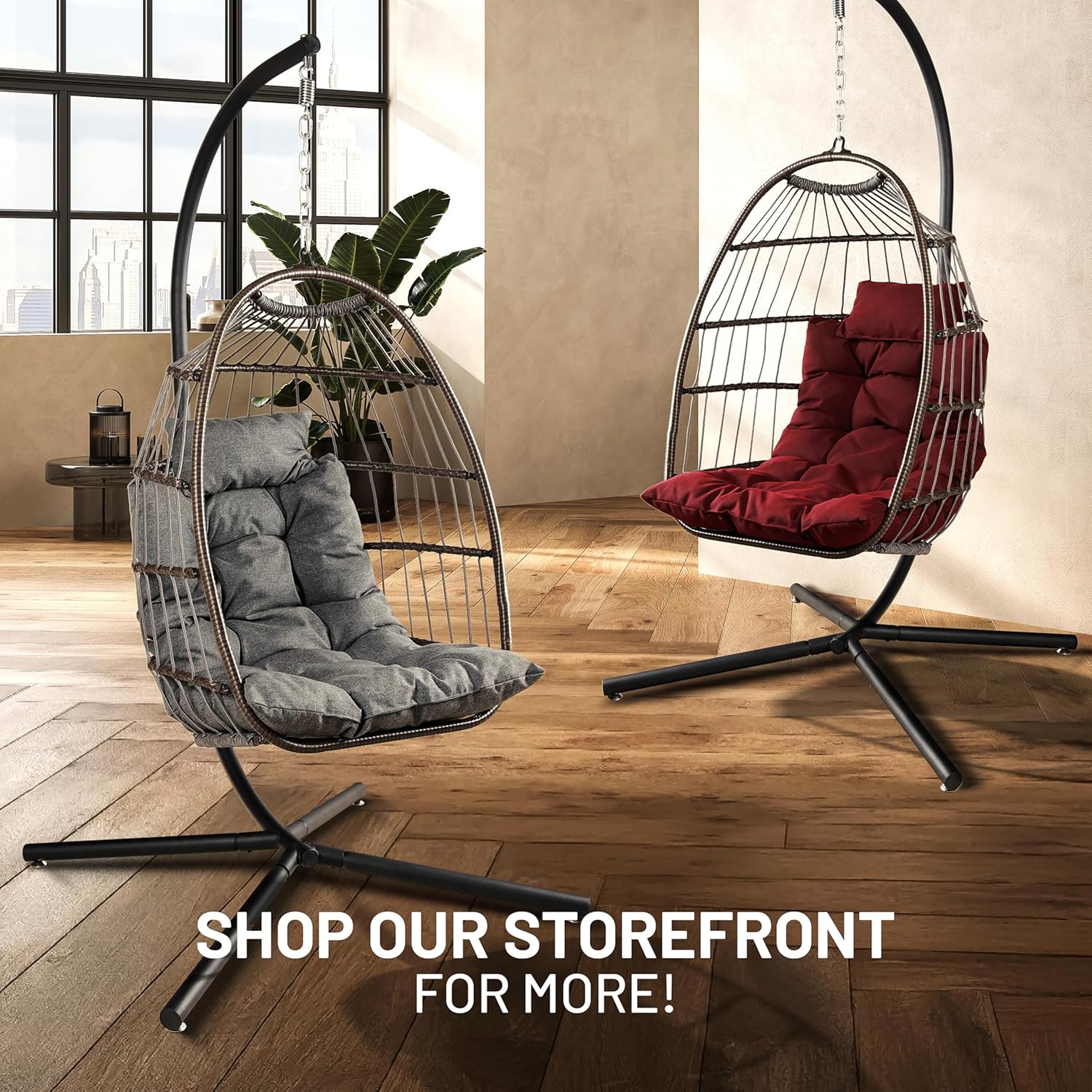Foldable Rattan Egg Chair with Stand Cushion Red