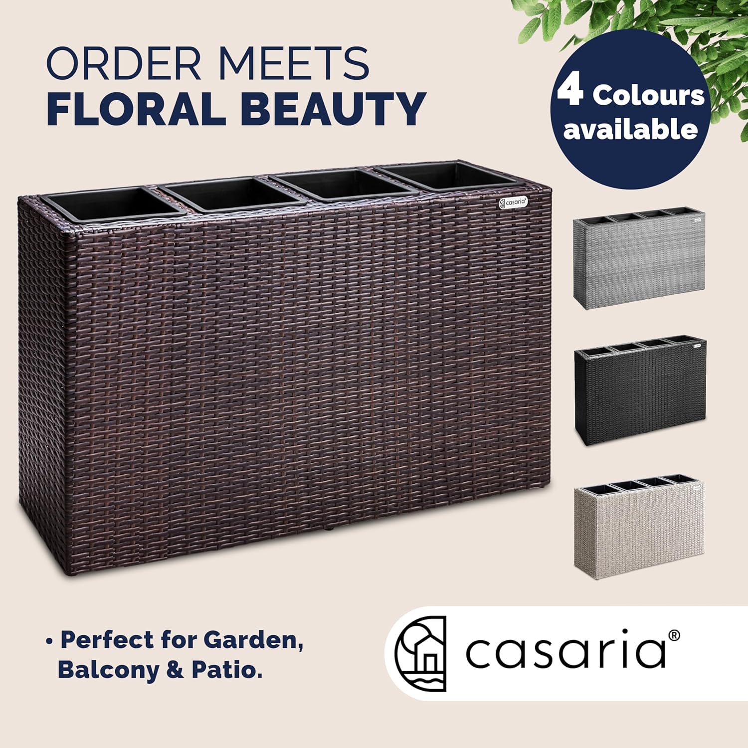 Large Tall Rattan Planter Box 95cm Brown with 4 Pots