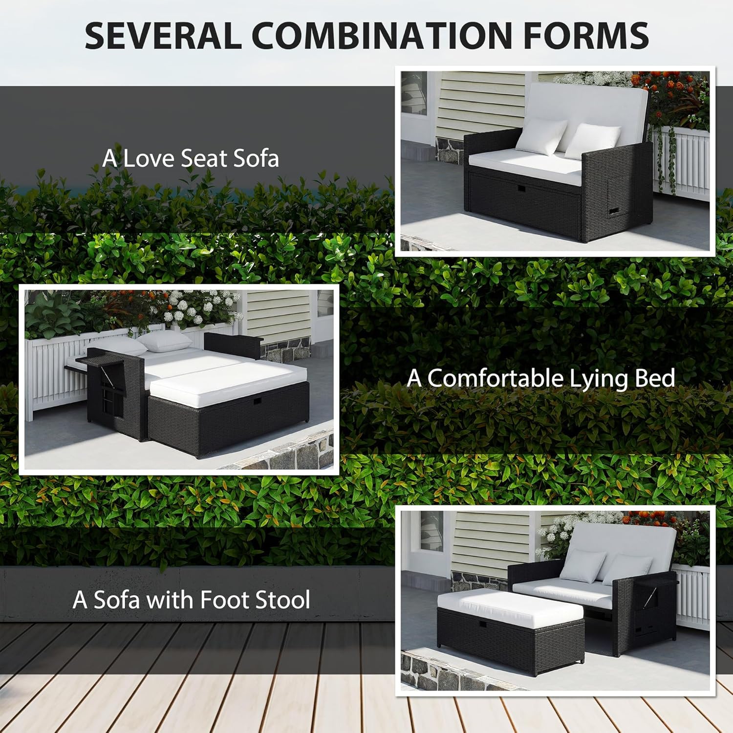 Double Rattan Daybed Sun Lounger Storage Cream White