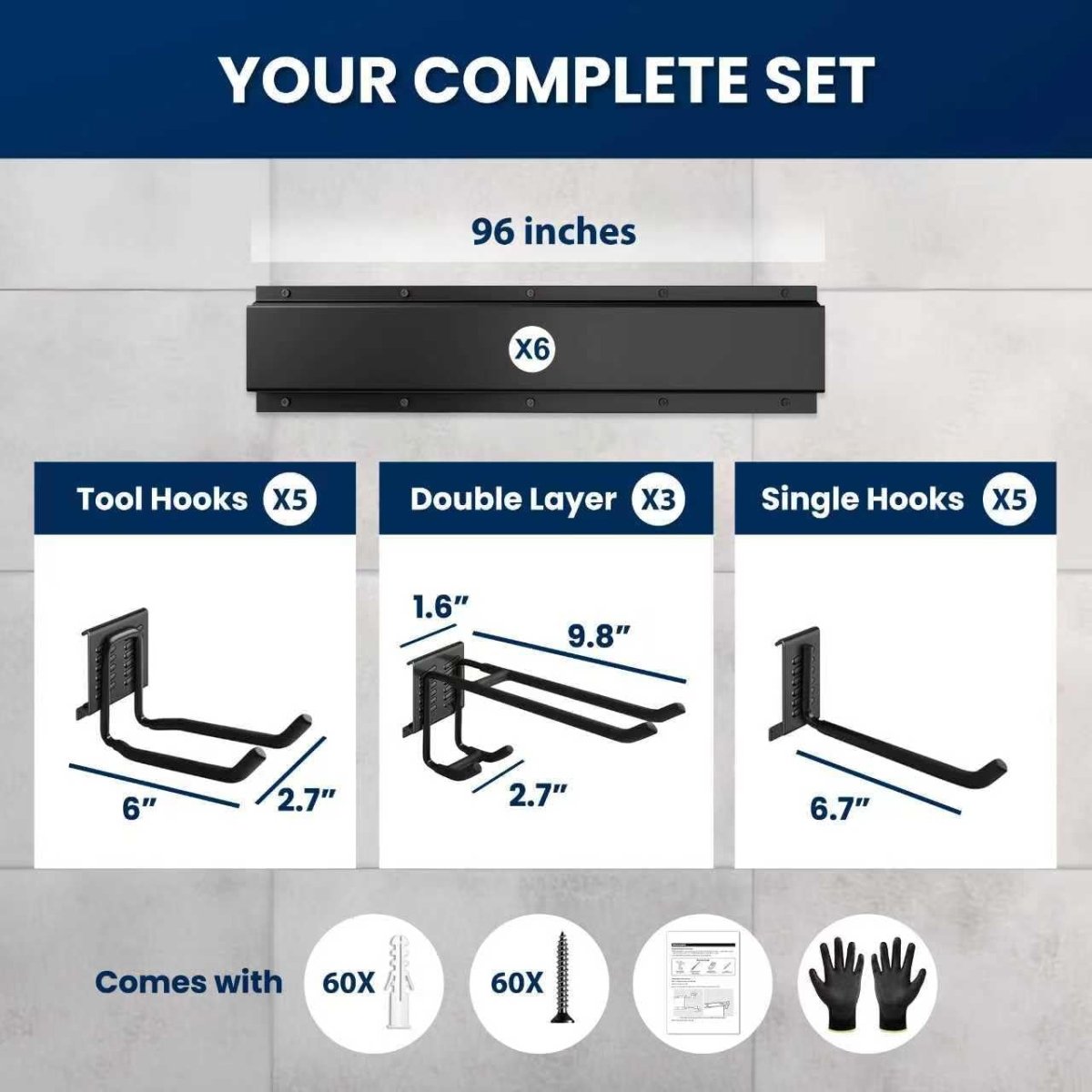 96 Inch Wall Tool Organizer Heavy Duty Garage Rack 960lbs - Kwikley