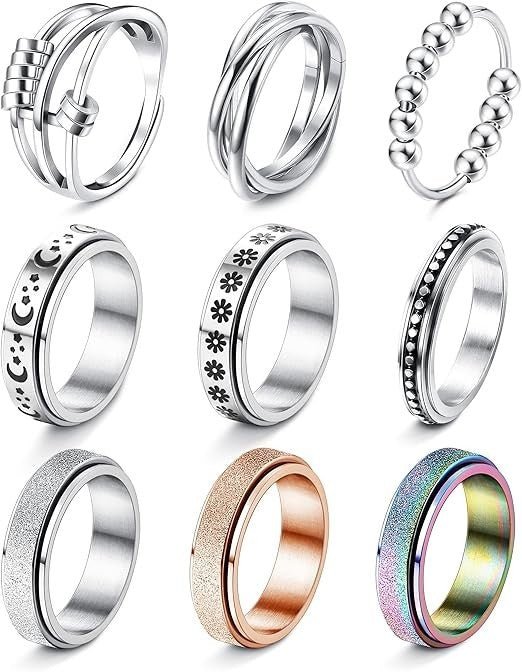 9pcs Anxiety Fidget Rings Stainless Steel Spinner Stress Relief Set - Kwikley