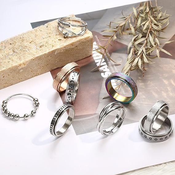 9pcs Anxiety Fidget Rings Stainless Steel Spinner Stress Relief Set - Kwikley