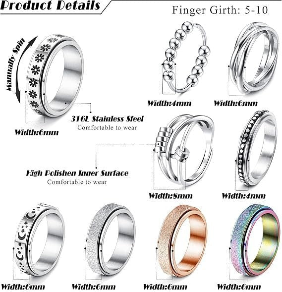 9pcs Anxiety Fidget Rings Stainless Steel Spinner Stress Relief Set - Kwikley