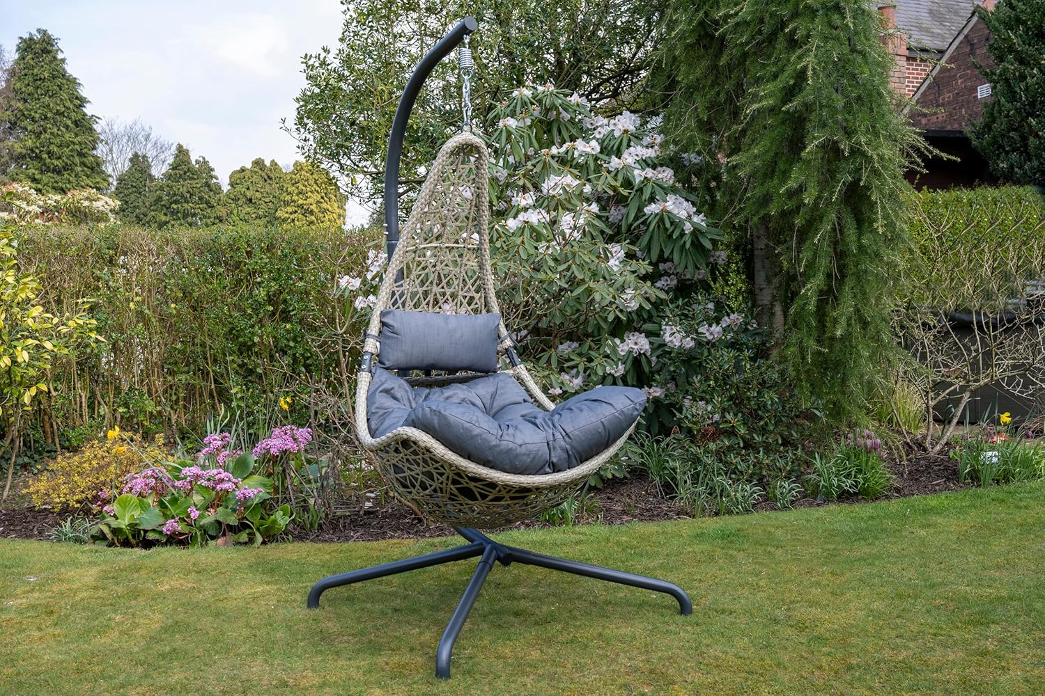 Hanging Swing Chair Grey Rattan Stand Cushion Set