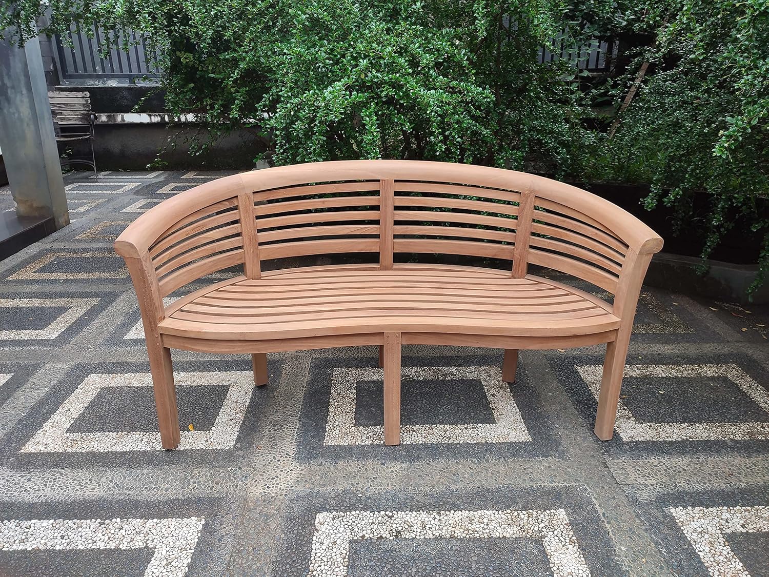 Teak Wood Banana Garden Bench w/ Cushion Curved Outdoor Patio Seat 168cm
