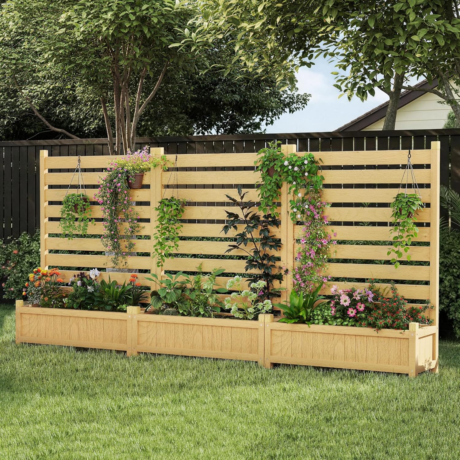 Wooden Planter with Trellis Privacy Screen Natural