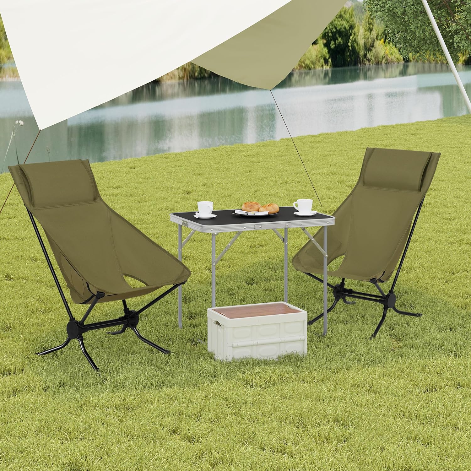 Set of 2 High Back Folding Camping Chairs Lightweight Green