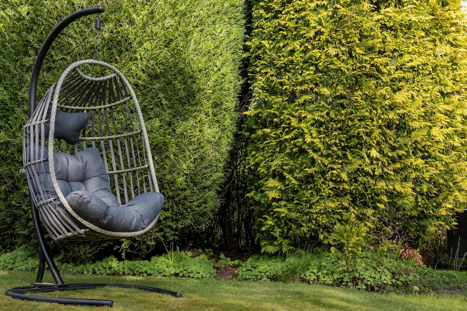 Hanging Egg Chair with Stand Grey Rattan Cushion Set