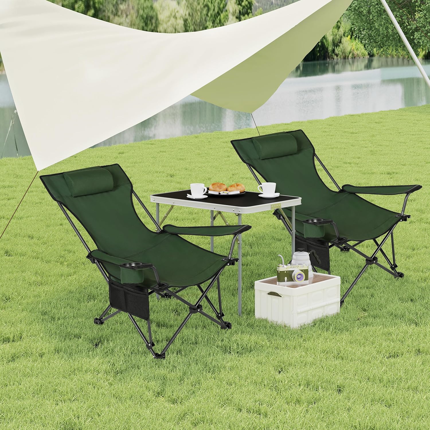 Reclining Camping Chair with Footrest Folding Outdoor Seat Green