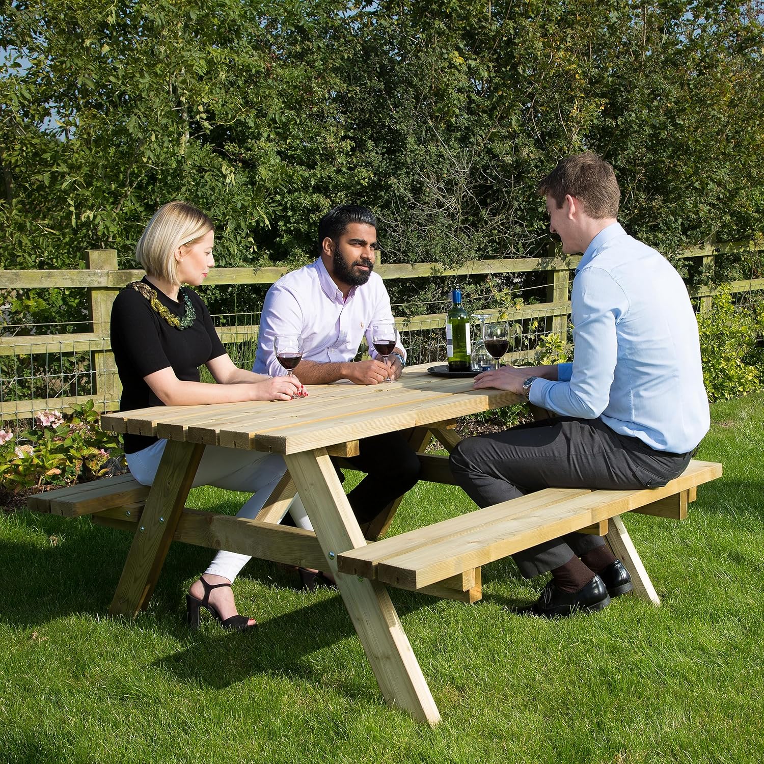 6 Seater Wooden Picnic Table Bench Set w/Fold Up Seats