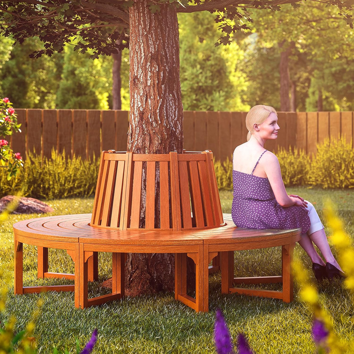 Circular Tree Garden Bench 160cm Eucalyptus Wood Outdoor Seat