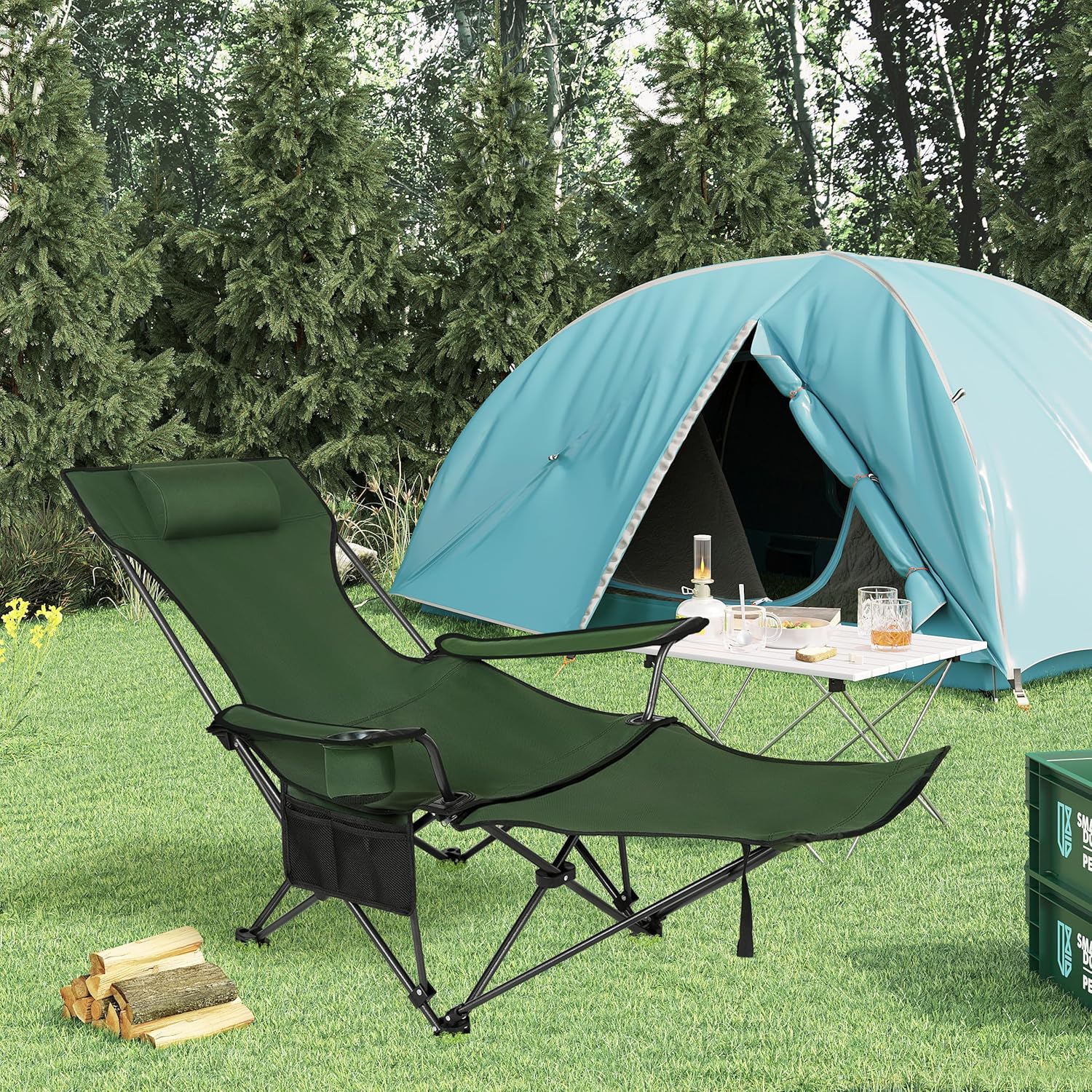 Reclining Camping Chair with Footrest Folding Outdoor Seat Green