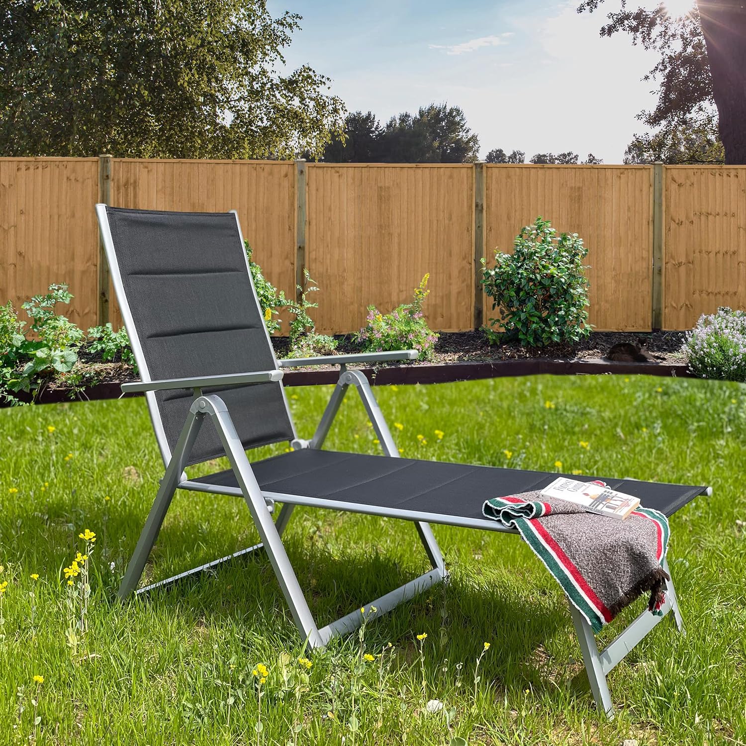 Reclining Sun Lounger Folding Outdoor Relaxer Chair Black