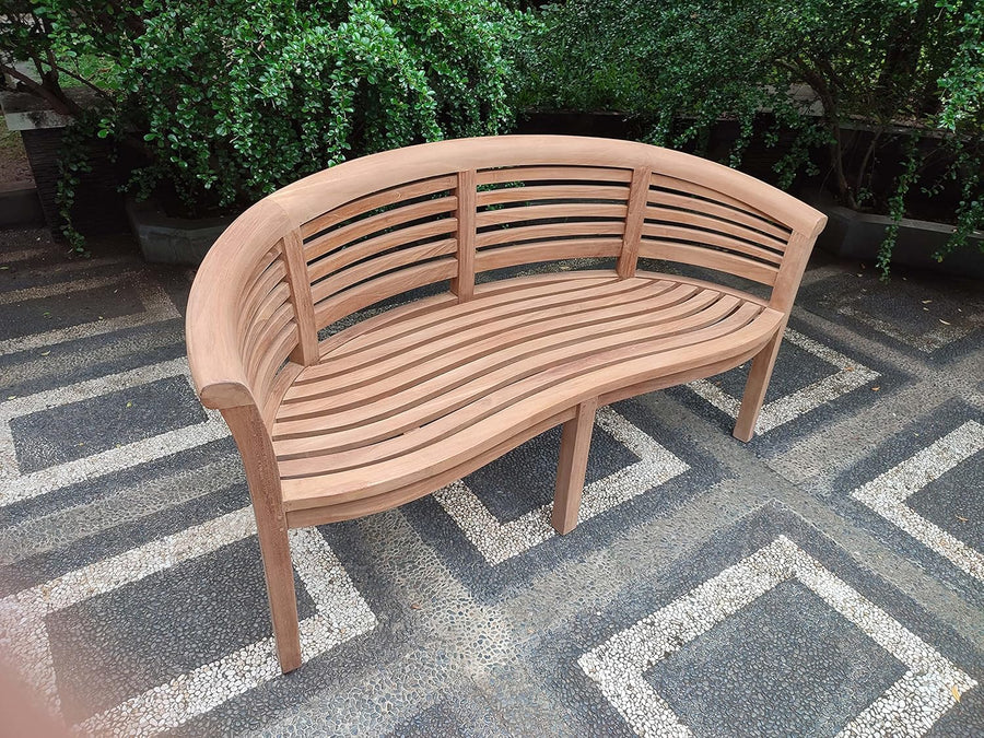 Teak Wood Banana Garden Bench w/ Cushion Curved Outdoor Patio Seat 168cm