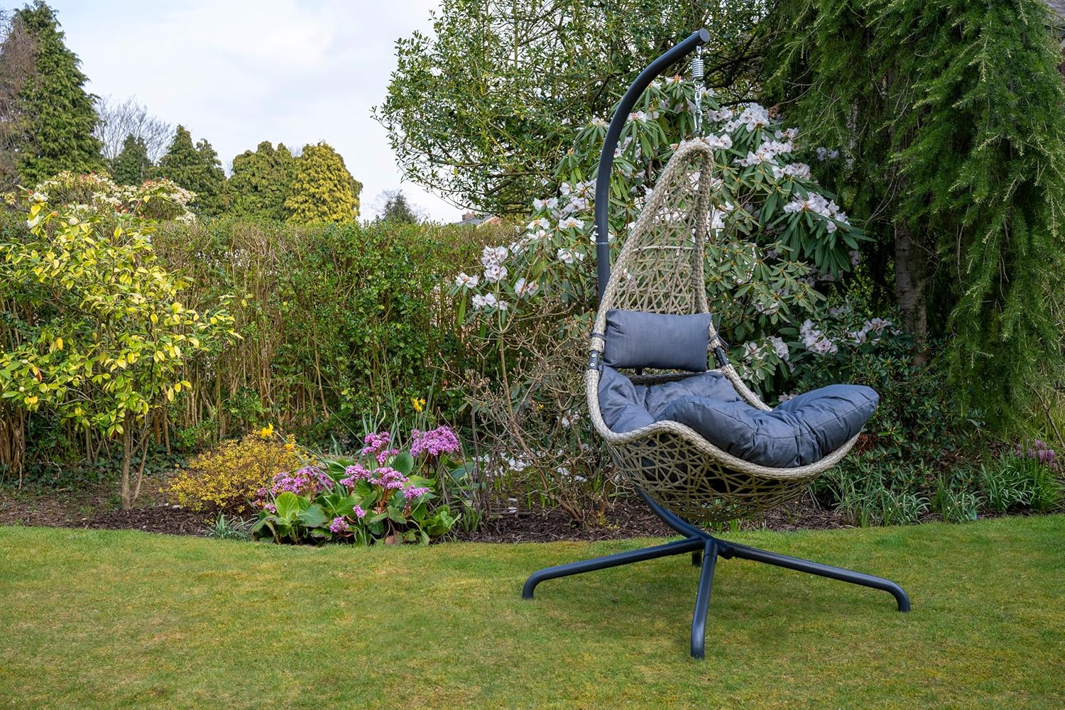 Hanging Swing Chair Grey Rattan Stand Cushion Set