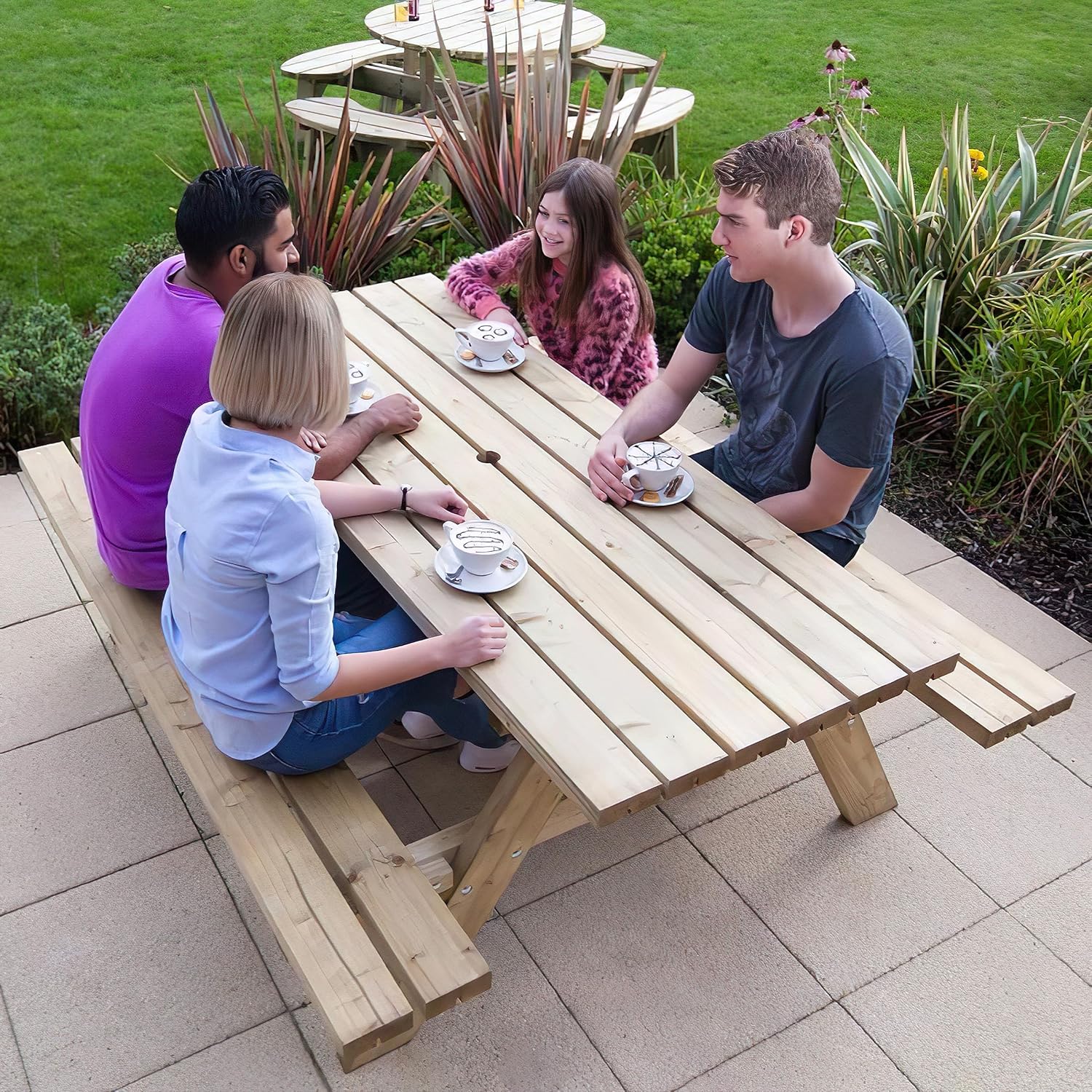 8 Seater Heavy Duty Wooden Picnic Table w/Fold Up Seats
