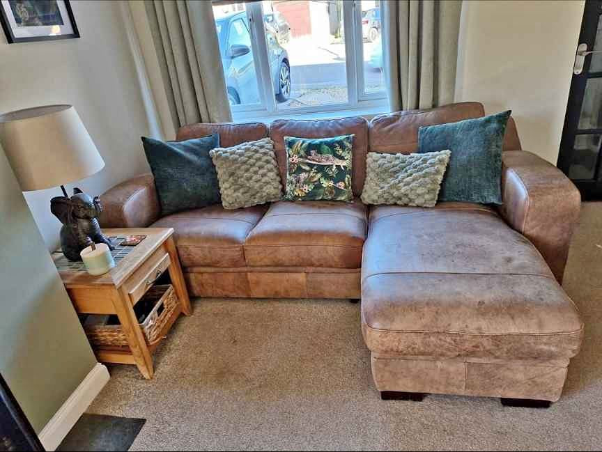 Rustic Tan Brown Leather Corner Sofa (PTP)